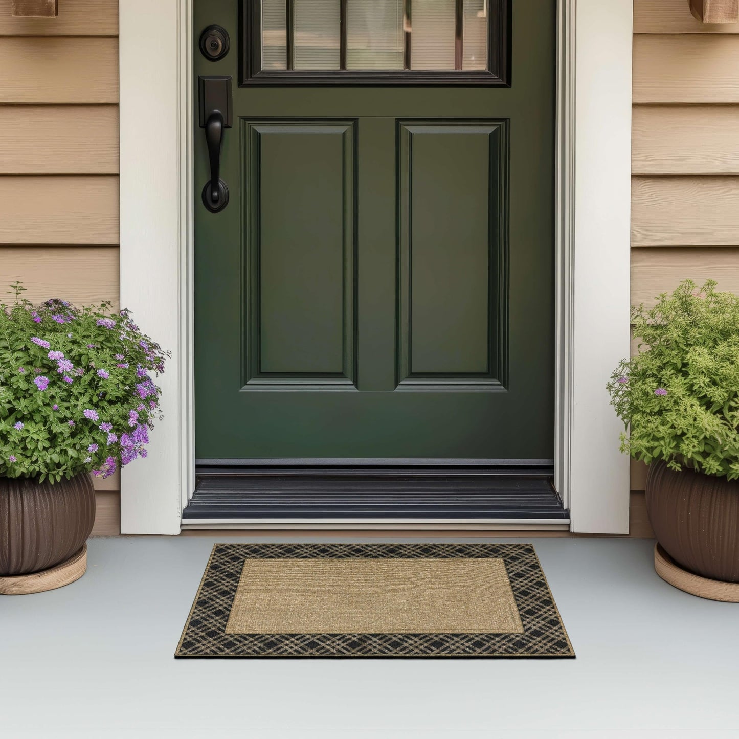 Mohawk Home Plaid Border Casual Geometric Tan 2' X 3' Door Mat Perfect for Garage, Porch