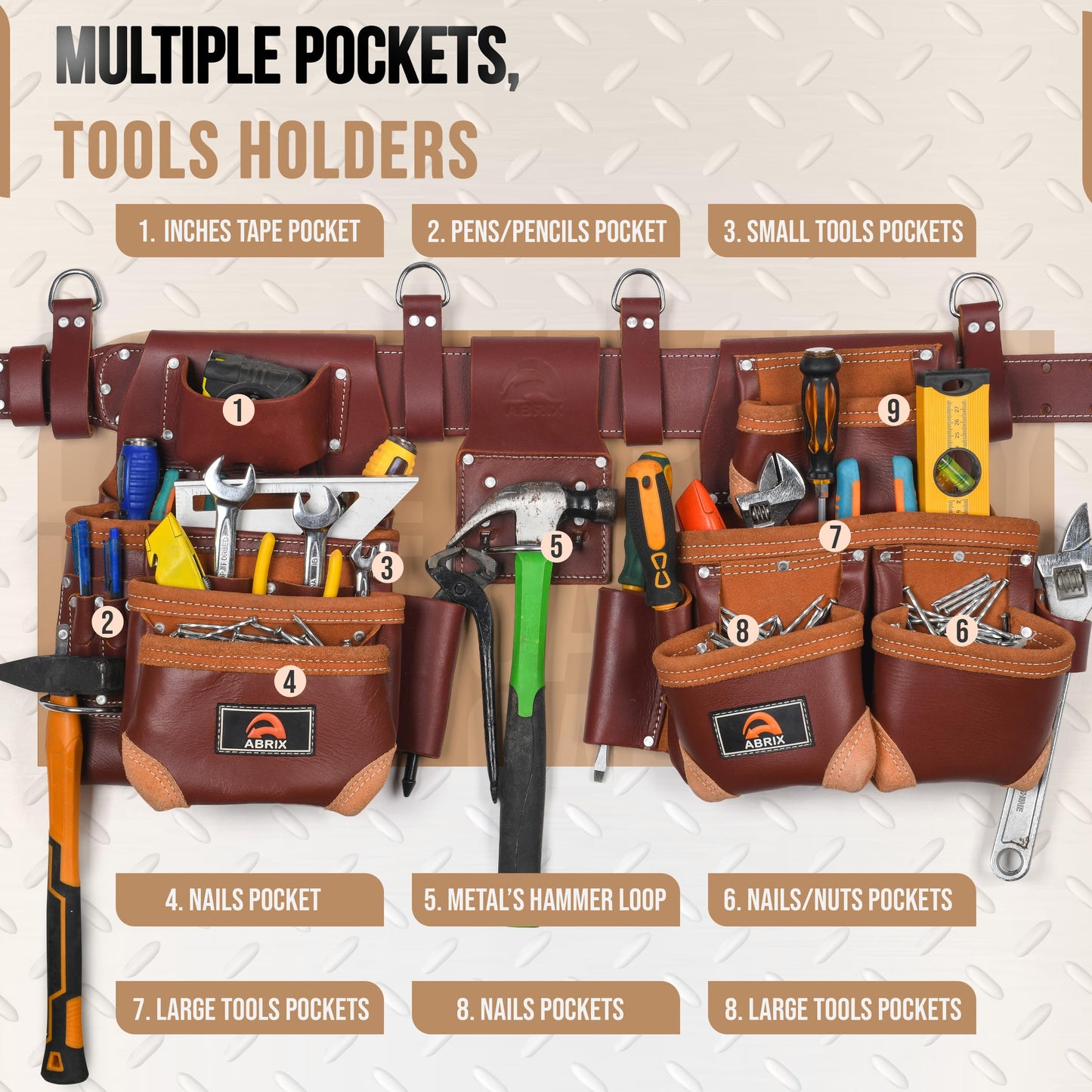 ABRIX Heavy Duty Tool Belt for Men – 4MM Thick Genuine Leather, Brass Buckle & Rivets | Foam Padded Comfort | 28-Pocket Carpenter & Framing Rig with Suspender | Work Belt Fit upto 32" to 52"