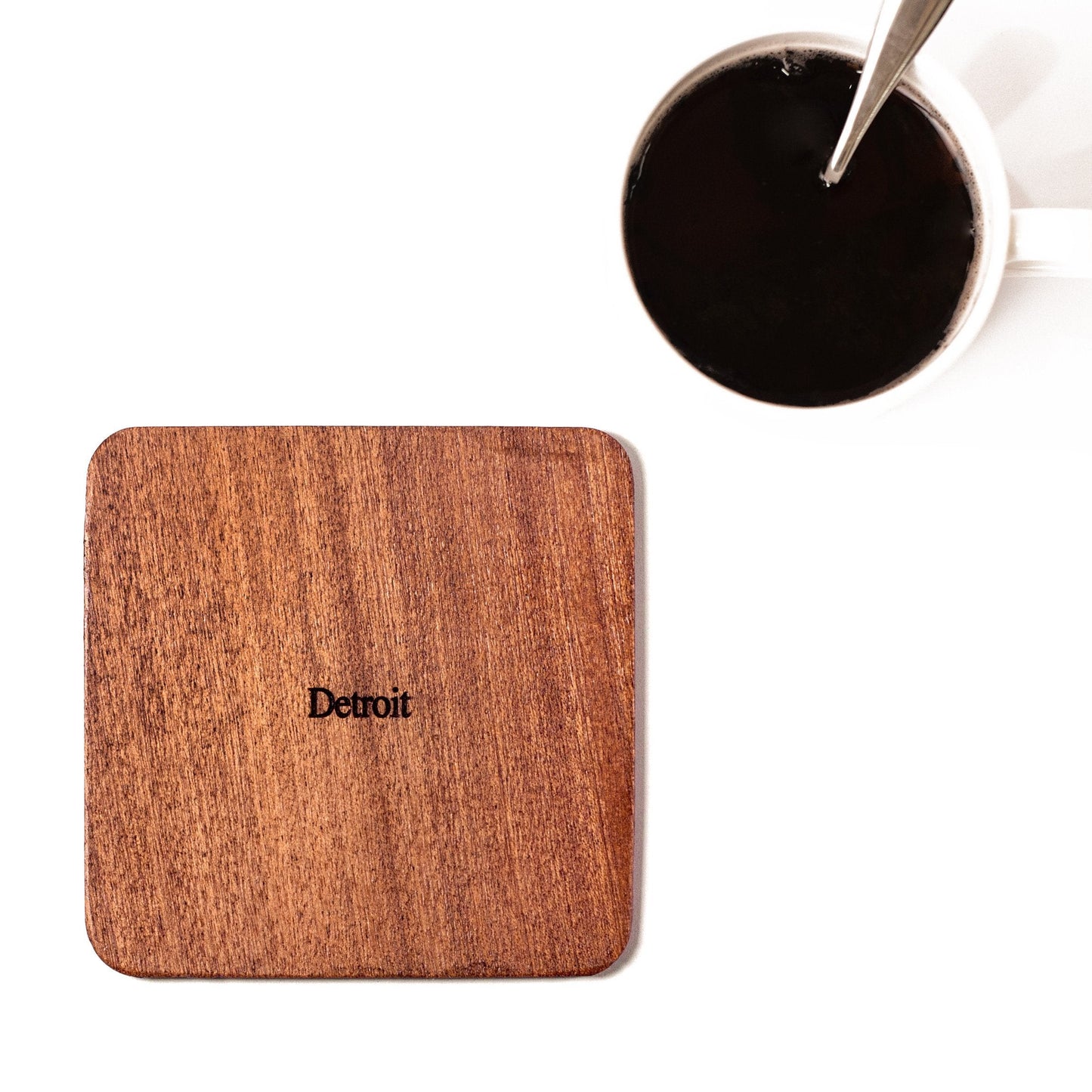 Detroit Map Coaster by O3 Design Studio, Set Of 4, Sapele Wooden Coaster With City Map, Handmade