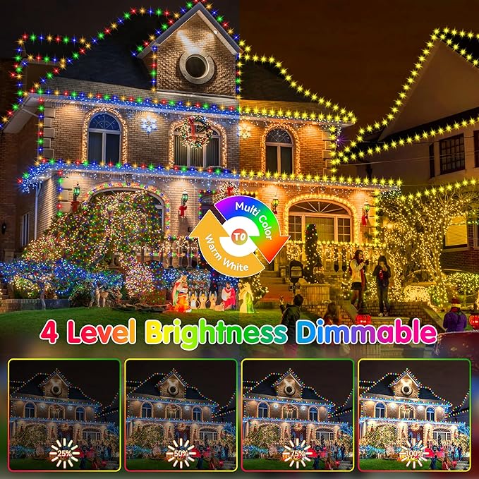 KNONEW Christmas Lights Outdoor 500 LED 197FT Green Wire Color Changing String Lights with 11 Modes & Timer Dimmable Fairy Light for Xmas Tree Roof Yard Wedding Decorations(Warm White to Multicolor)