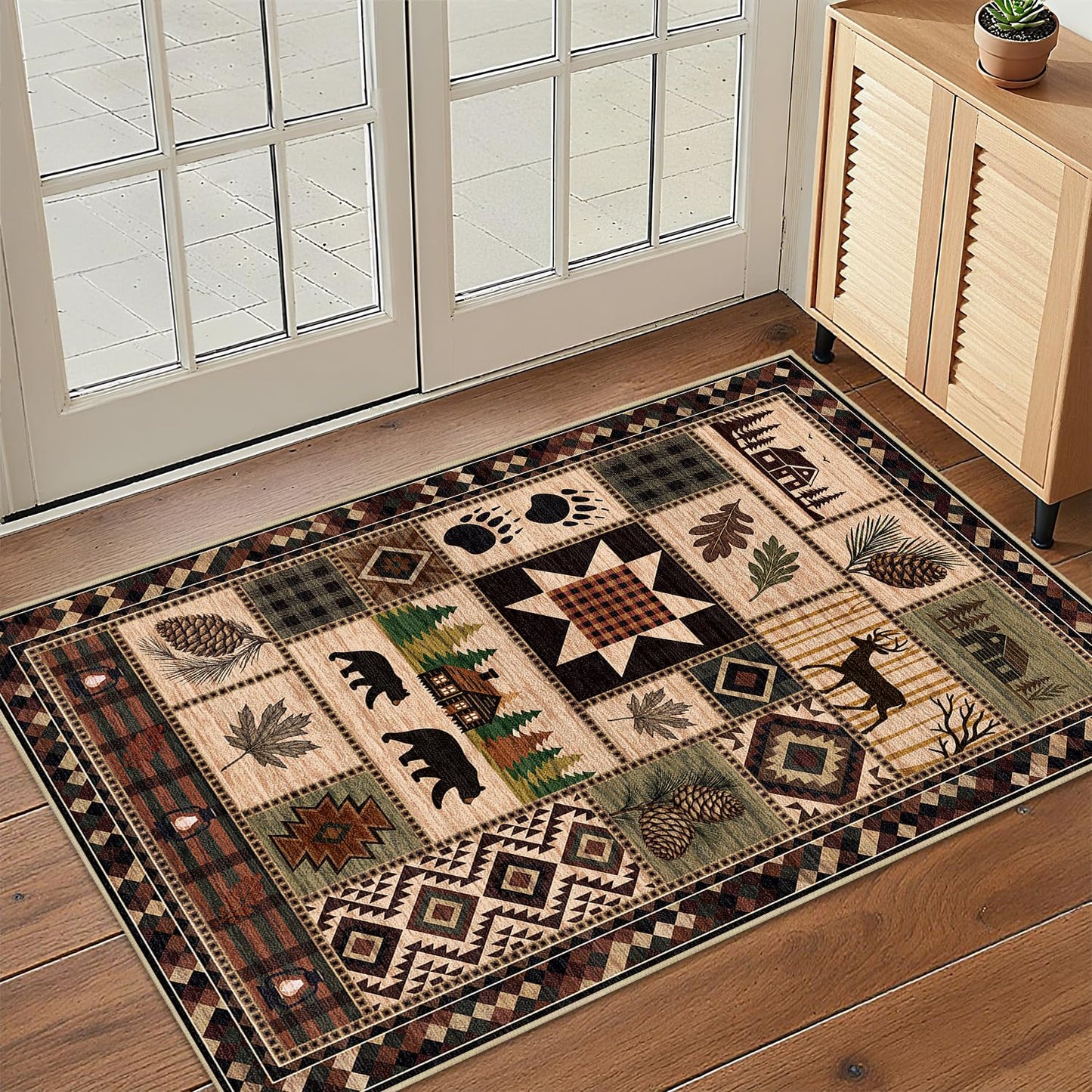 Bear Rug 2x3 Rustic Cabin Deer Entryway Rug Southwestern Lodge Doormat Machine Washable Non-Slip Low-Pile Western Woodland Door Mat for Kitchen Bathroom Bedroom Laundry