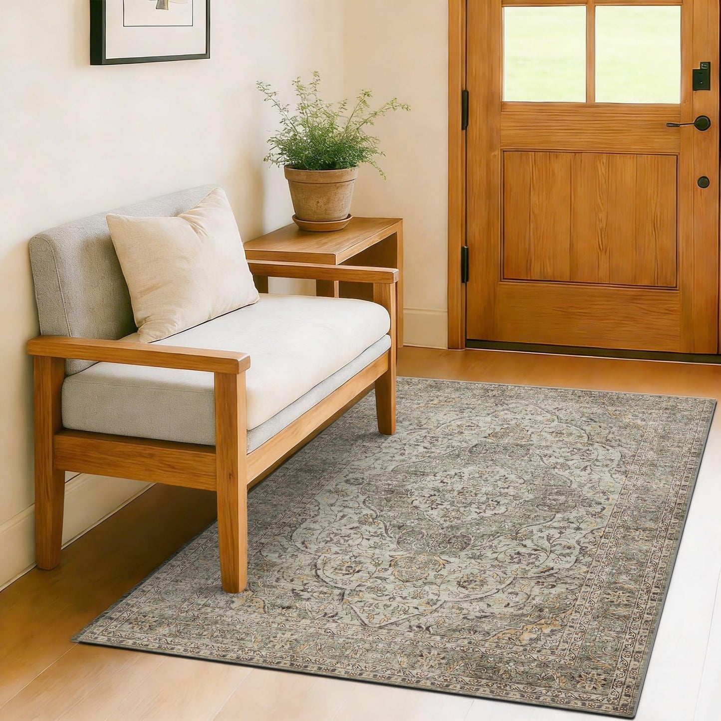 Green 4x6 Area Rugs for Living Room, Boho Vintage Washable Rugs with Non-Slip Backing, Low Pile Retro Soft Carpet for Bedroom, Study Room, Home Office, Dining Room, Olive Green Taupe