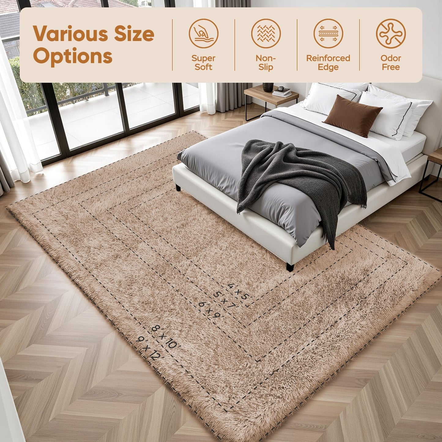 Area Rug for Living Room Bedroom: 4x6 Camel Soft Fluffy Shag Upgrade Non-Slip High Pile Carpet Large Fuzzy Plush Indoor Floor Decor Shaggy Rug for Kid Boys Girls Dorms Playroom Nursery Modern Home