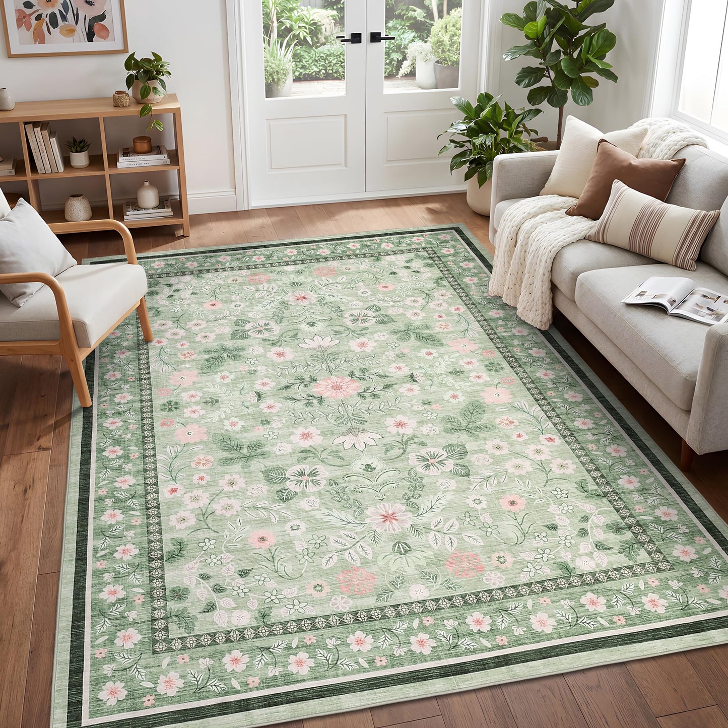 GarveeHome 10x14 Area Rugs for Bedroom Machine Washable Rugs Soft Non-Slip Backing Low Pile Stain Resistant Carpet for Living Room Farmhouse Dining Room Nursery Green