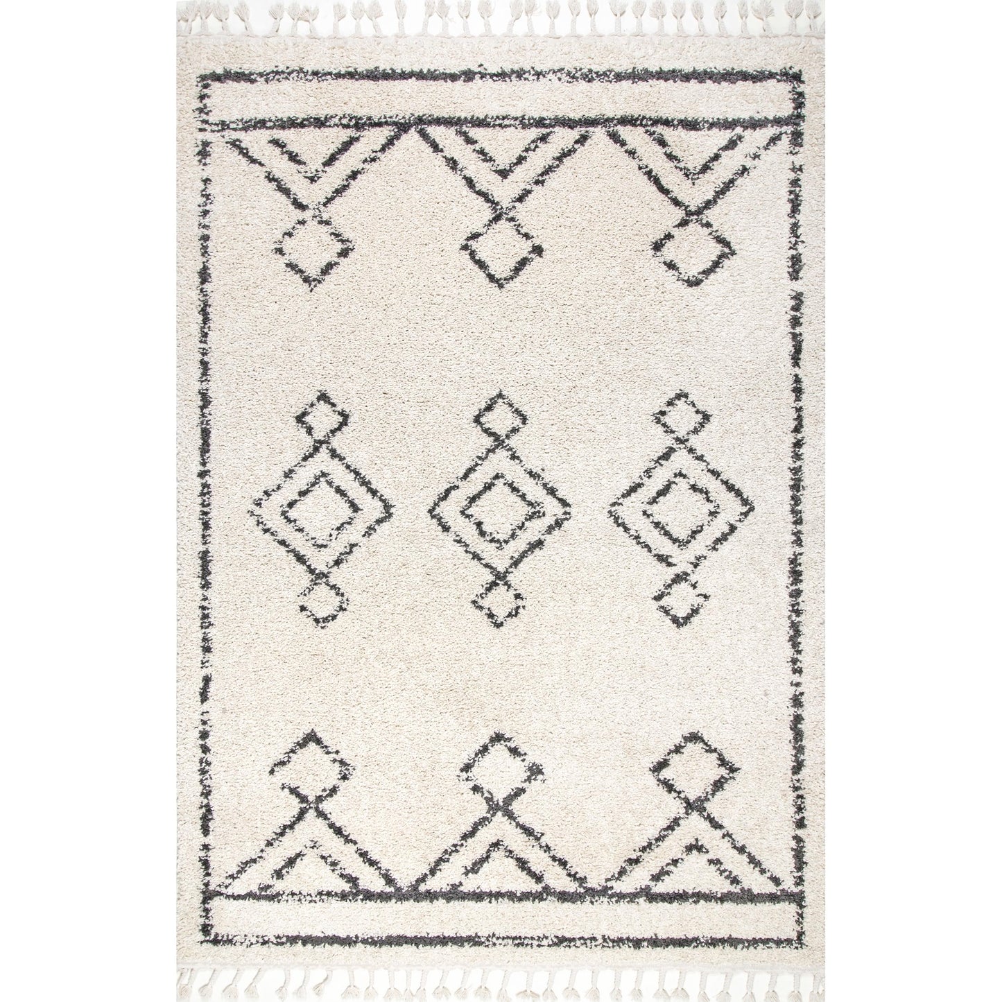 Nuloom Mackie Off-White/Charcoal, 6'7" x 9', Moroccan, Shag, Tassel, Soft and Cozy, High Traffic, Stain Resistant, Easy Clean, Durable Area Rug for Bedroom, Living Room, Dining, Den, Foyer, Entryway