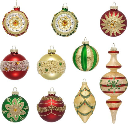 Valery Madelyn Glass Christmas Ornaments Set, 10ct Medium Red Green Gold Mercury Blown Glass Christmas Tree Ball Decorations, Luxury Hanging Teardrop Finial Faceted Reflector Decor