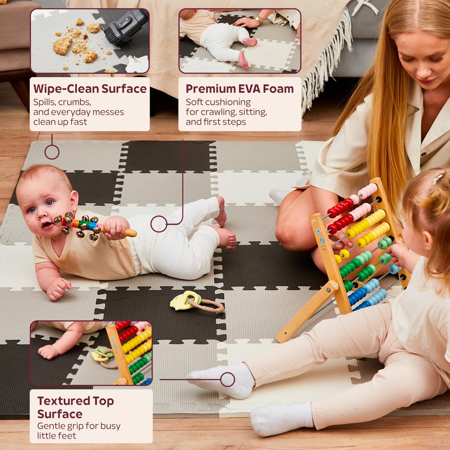 Foam Play Mat for Floor - 12 Interlocking Tiles 35x47 in, 0.6" Thick Puzzle Mat for Baby, Toddler & Home Gym, Cross-Texture EVA Foam, Edge Borders Included, Black White Gray