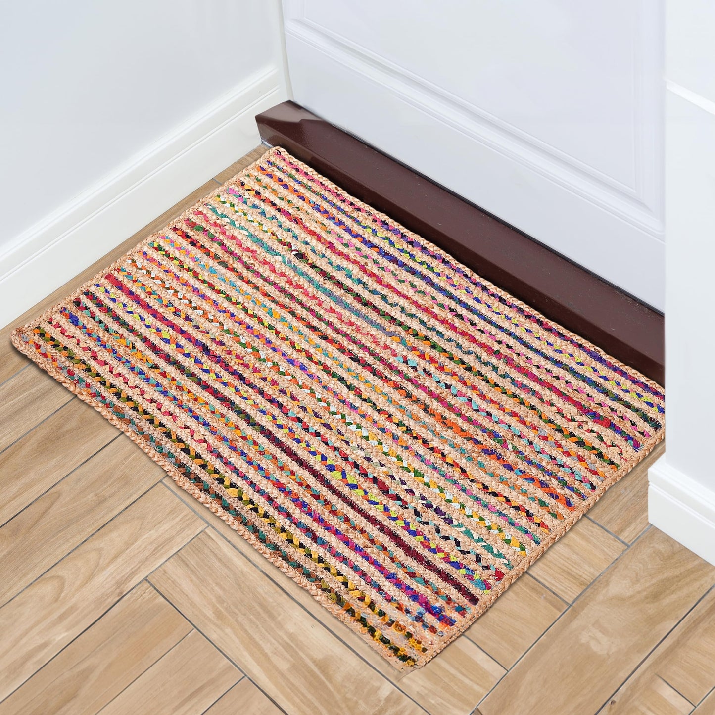 Hausattire Bohemian Braided Rug 2'x3' - Multi Color, Small Farmhouse Jute Cotton Area Rag Rugs for Entryway, Kids Playroom, Front Door | Colorful Hand Woven Reversible Accent Mat - 24x36 Inch