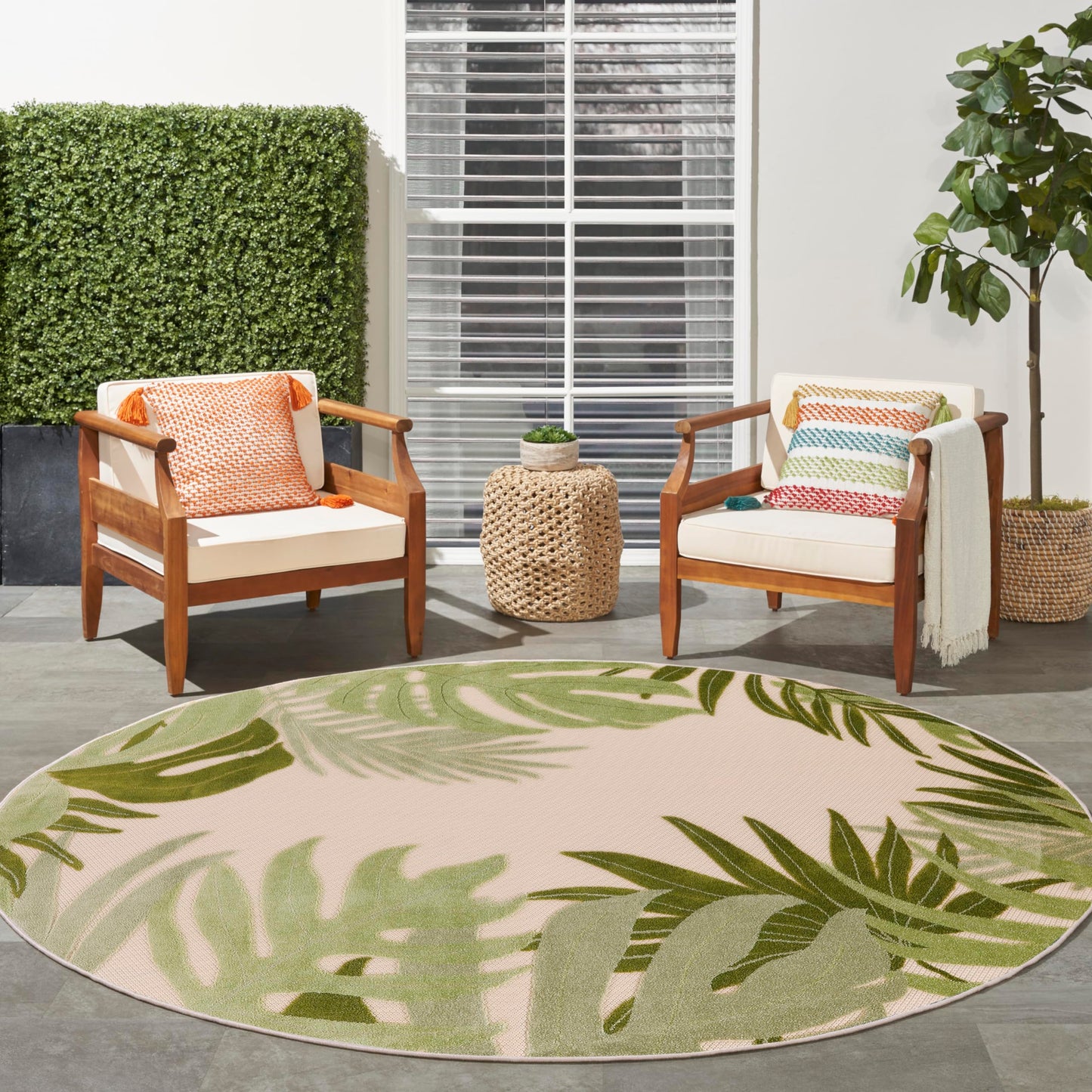 Nourison Home Aloha Ivory Green 5'3" x Round Area Rug - Easy Clean, Non Shedding, Bed Room, Living Room, Dining Room, Kitchen (5' x Round)