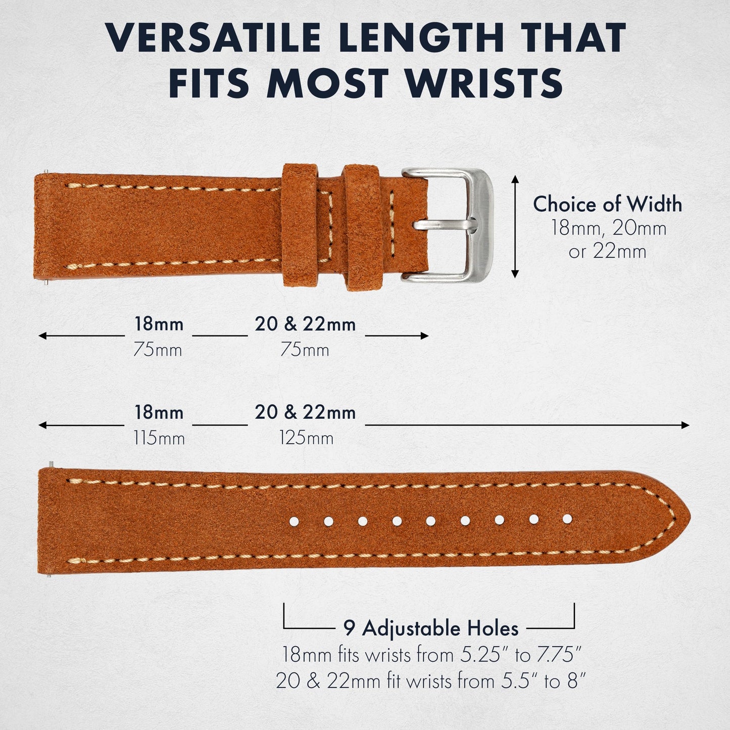 Benchmark Suede 18mm Leather Watch Band – 18mm Quick Release Watch Band with Stainless-Steel Buckle & 9 Adjustable Holes – Brown Leather Watch Bands for Men & Women (18mm, Light Brown)