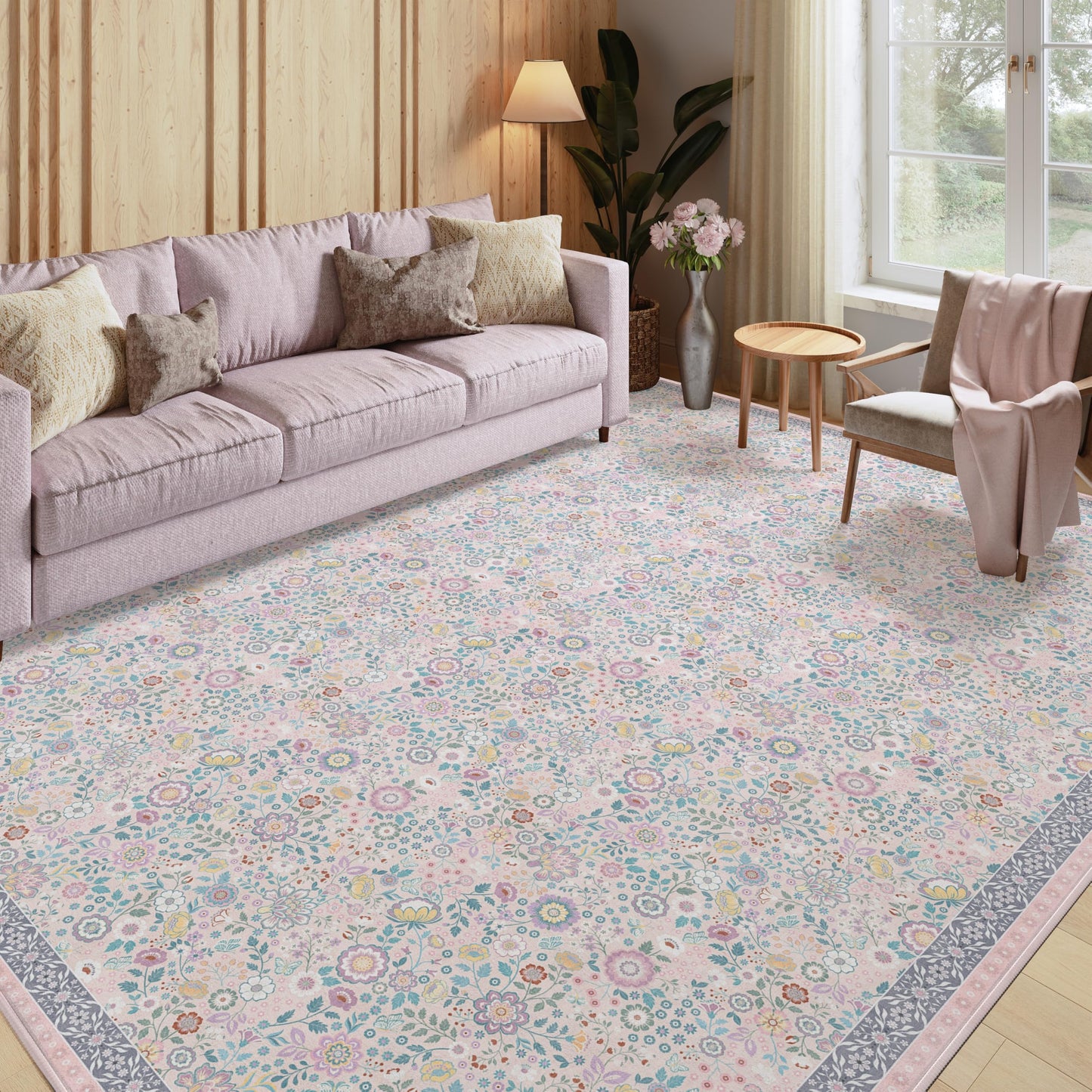 Clemile Floral Area Rug 5x7 - Washable Ultra-Thin Living Room Rug Non-Slip Carpets - Soft & Stain Resistant Rug for Kitchen Bedroom Dining Room Indoor Colorful Pink