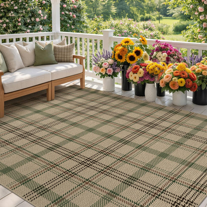 JTJ 5x7 Plaid Area Rug for Living Room - Large Indoor Outdoor Rug for Porch, Bedroom Under Bed, Non Slip Modern Farmhouse, Easy Jute Washable Beige and Sage Green Striped Aesthetic Room Decor