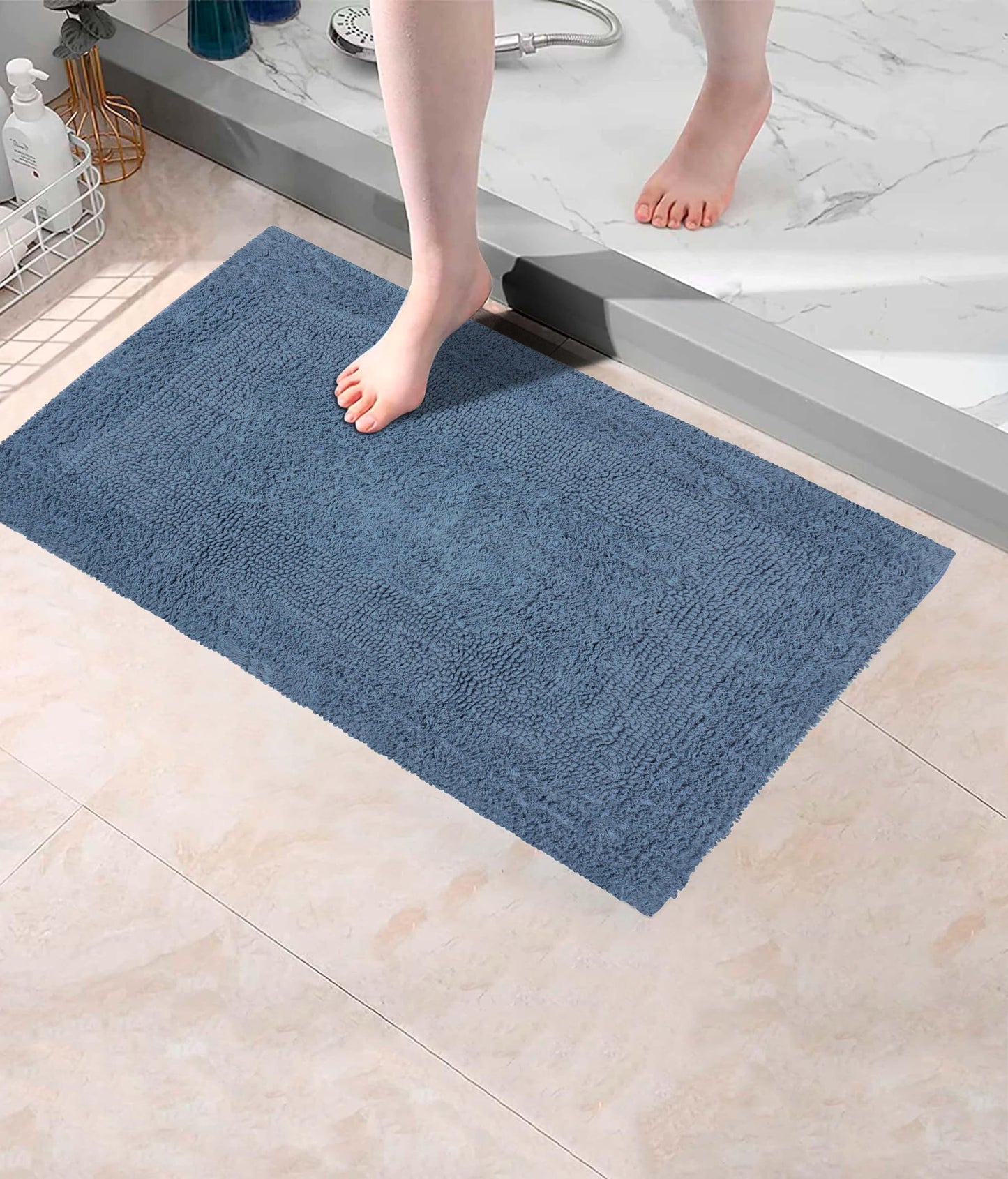 COTTON CRAFT Luxurious Bath Mat Rug - Set of 2 Reversible Heavyweight Step Out Bath Mats for Bathroom Floor, Tub and Shower - Pure Cotton Soft Plush Absorbent Tufted Racetrack Mat - 17x24 - Azure Blue