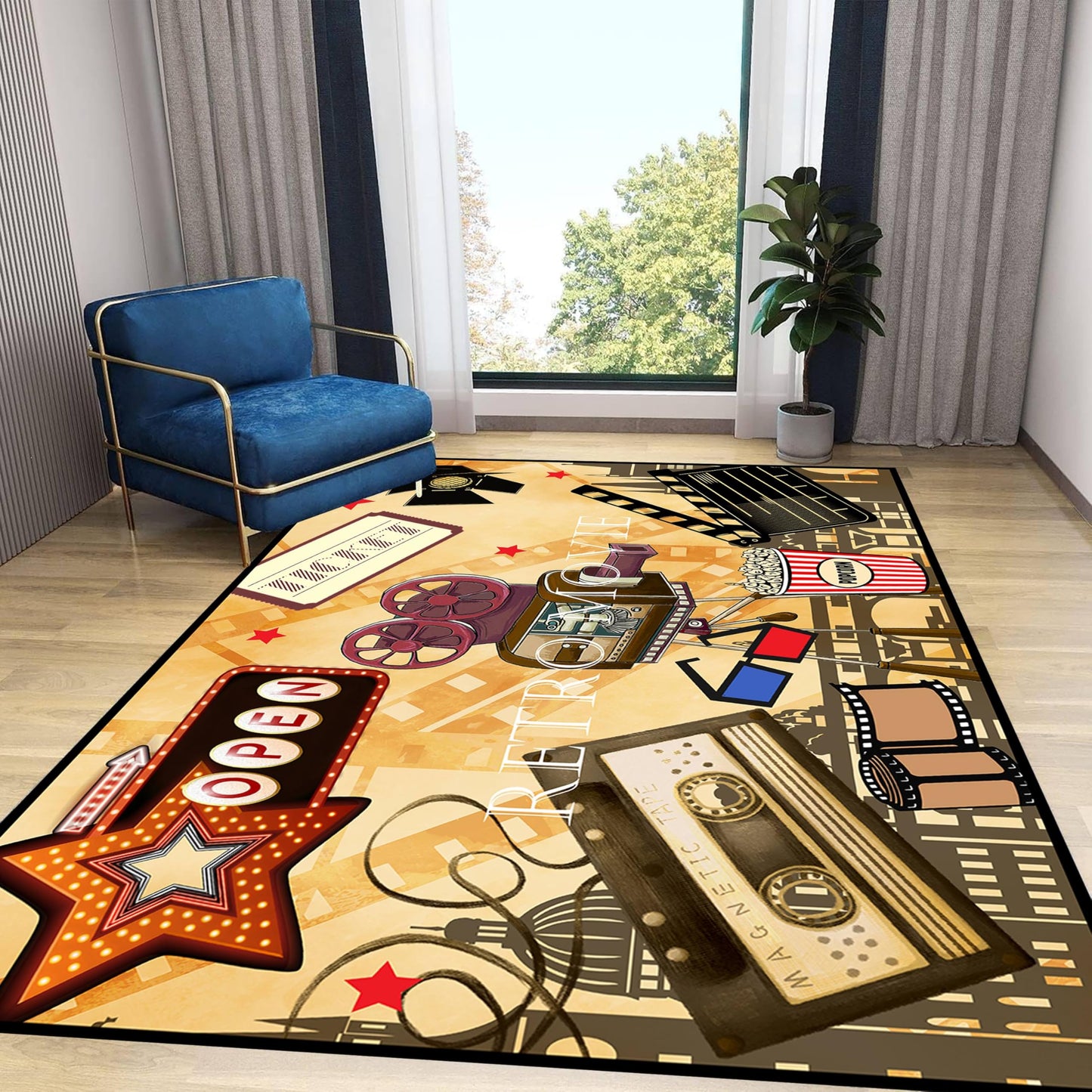 Retro Movie Themed Living Room Rugs, 4x5ft, Movie Camera Star Clapperboard Film Reel Hallway Carpet, Shed Resistant Absorbent Easy Clean Foldable Rugs for Indoor Study Room