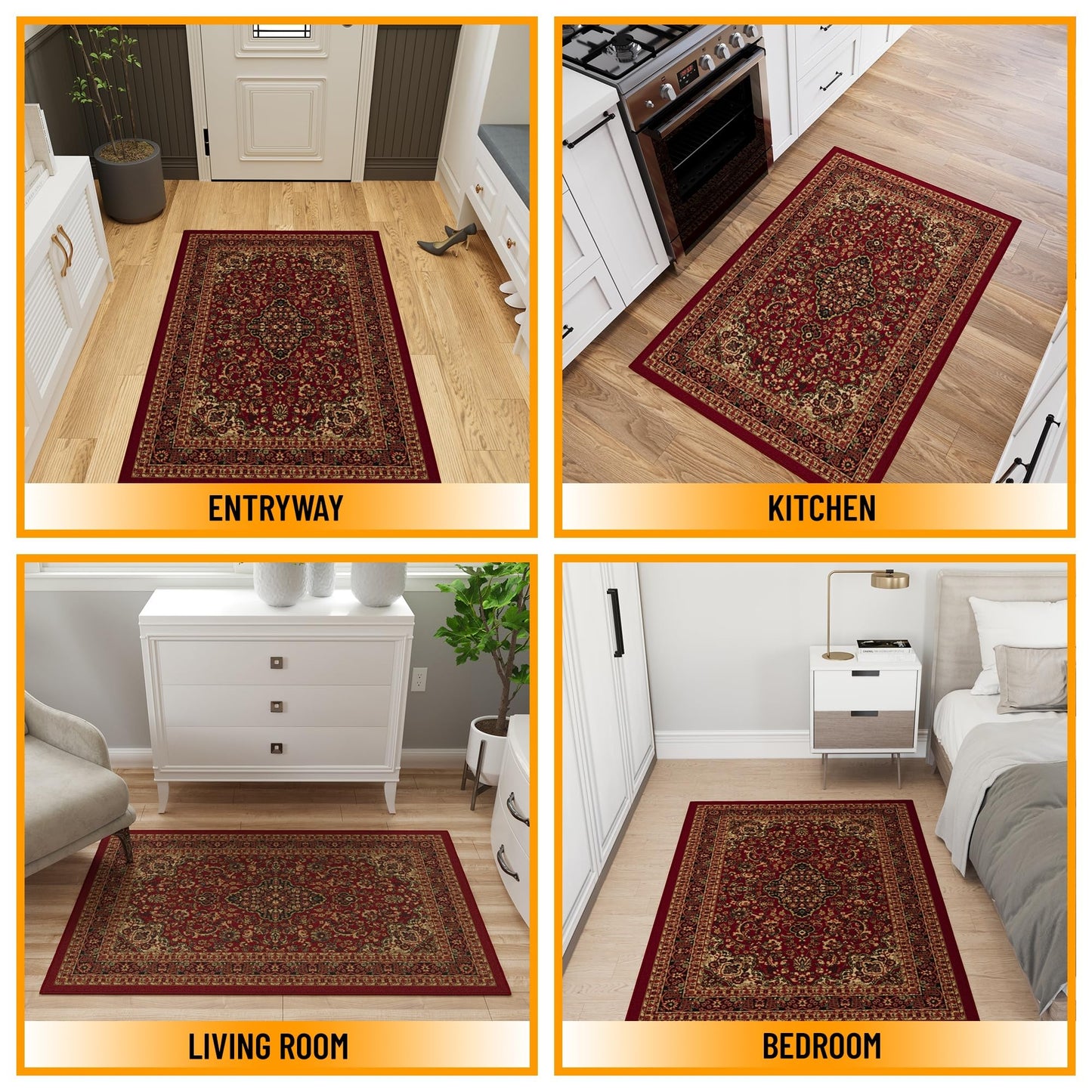 Ottomanson 3'3" x 4'7" Rugs for Living Room Oriental Area Rug for Bedroom - Non Slip Durable Large Floor Carpet for High Traffic Areas - Indoor Rug for Dining Room Kitchen Kids Playroom, Red