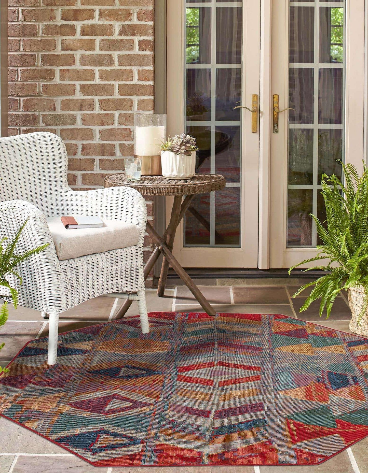 Unique Loom Outdoor Modern Collection Area Rug - Tamarindo (5' 3" Octagon Multi/Burgundy)