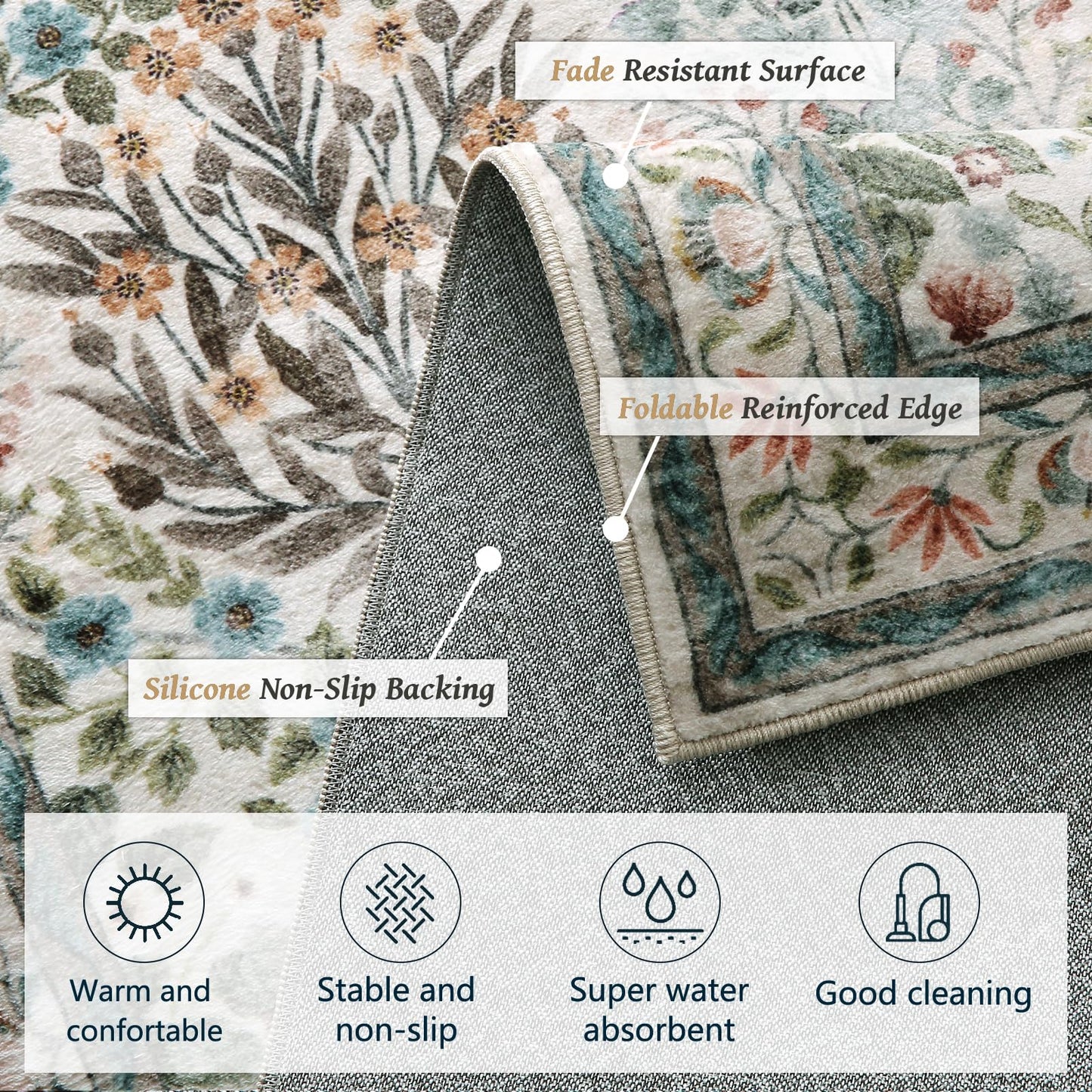 Washable Area Rug 8x10 - Vintage Floral Living Room Rug for Dining Room (Under Table), Bedroom - Stain Resistant, Soft Low Pile, Non-Slip Large Carpet