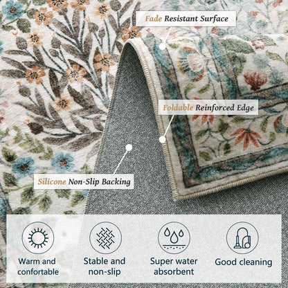 Washable Area Rug 8x10 - Vintage Floral Living Room Rug for Dining Room (Under Table), Bedroom - Stain Resistant, Soft Low Pile, Non-Slip Large Carpet