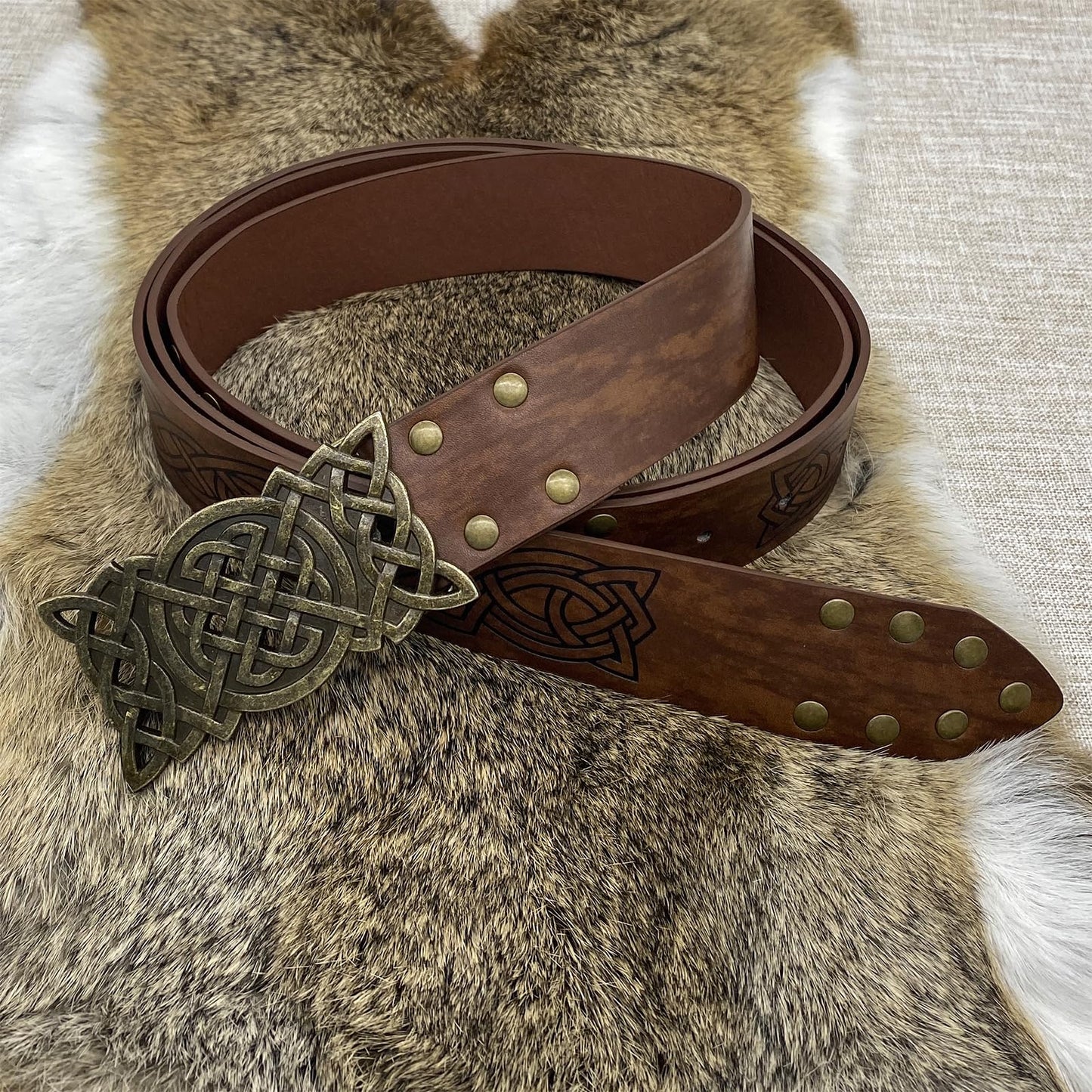 EpicCos 3PCs Medieval Embossed Belt Pouch Set, Viking Buckle Belt Portable Side Bag, Faux Leather Cosplay Accessories (Brown B)