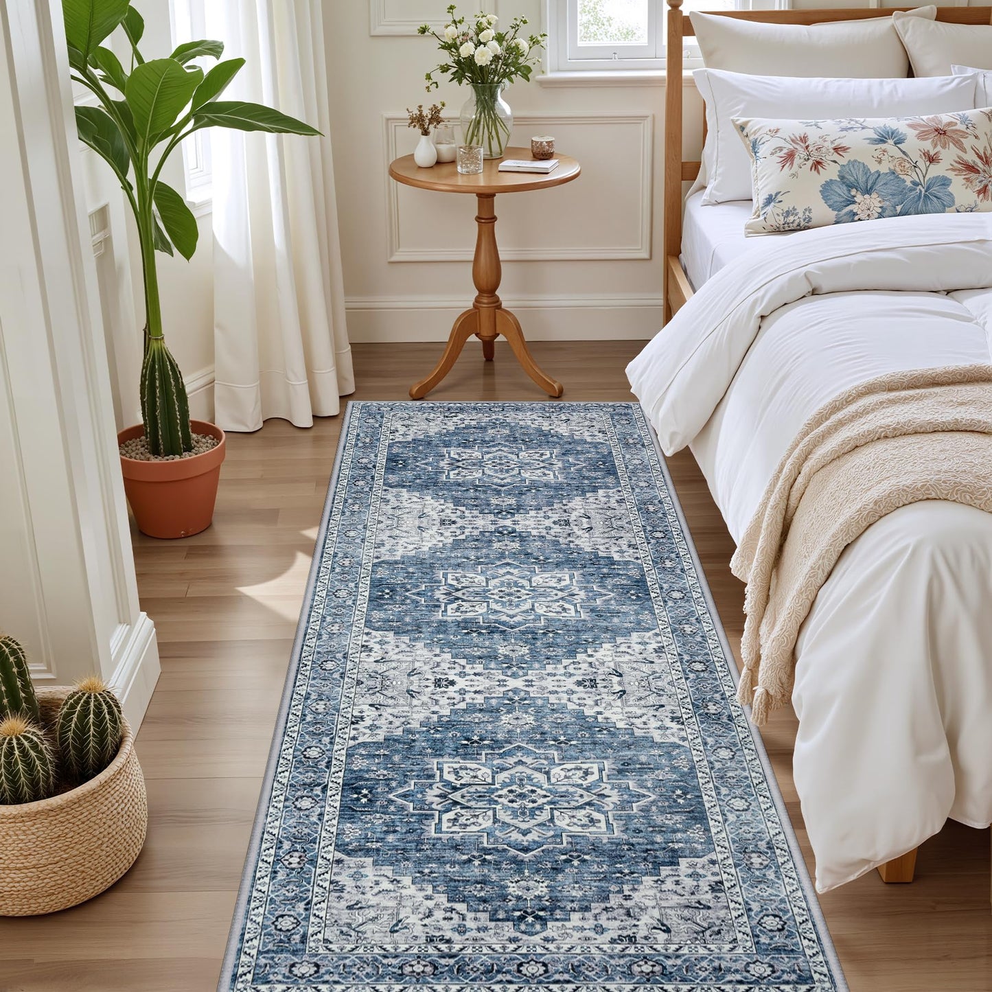 Hallway Runner Rug Non Slip - Washable 2.6x8 Kitchen Rugs for Living Room, Low-Pile Soft Bedroom Rug Indoor Floor Stain Resistant Carpets for Entryway, Laundry, Bathroom Blue