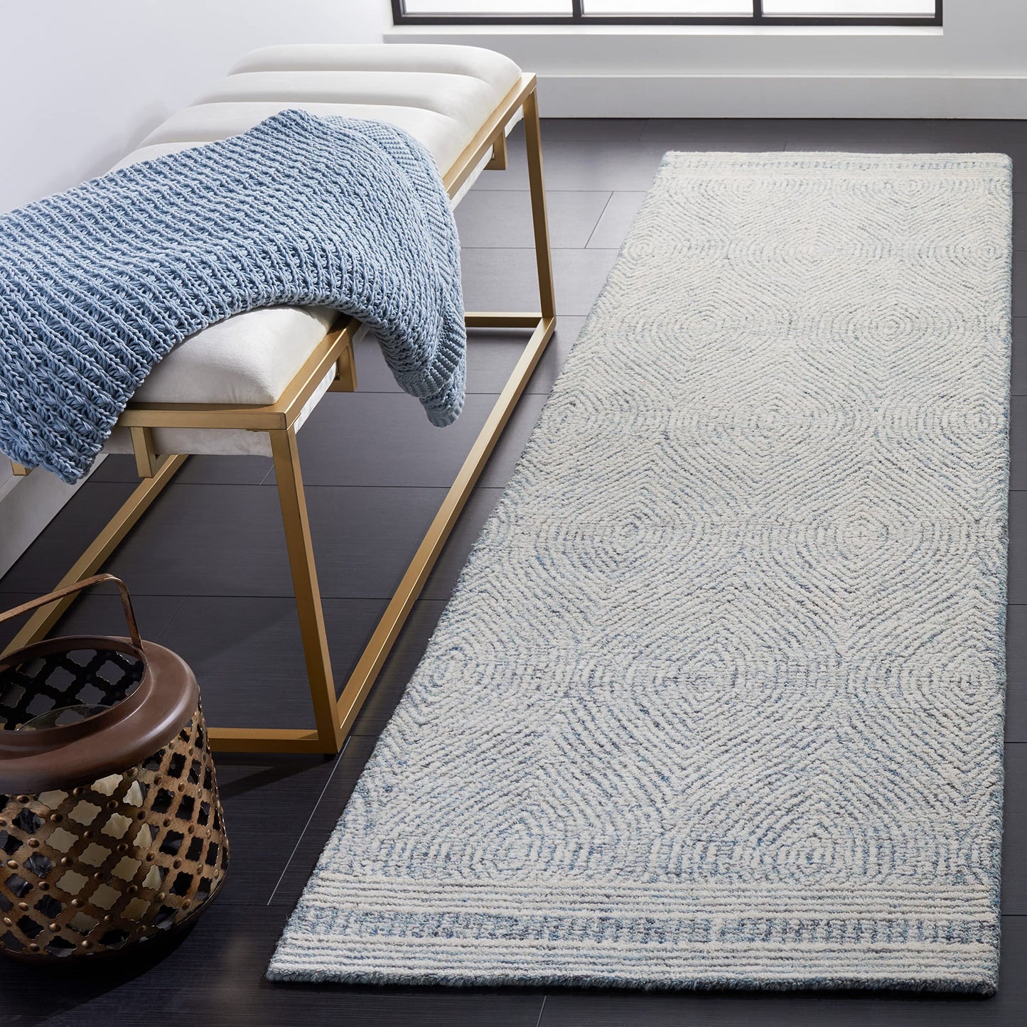 SAFAVIEH Abstract Collection Runner Rug - 2'3" x 16', Ivory & Blue, Handmade Wool, Ideal for High Traffic Areas in Living Room, Bedroom (ABT340M)
