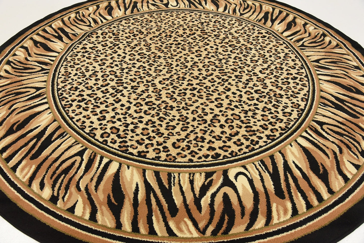 Unique Loom Wildlife Collection Animal Inspired with Cheetah Bordered Design Area Rug (8' 0 x 8' 0 Round, Ivory/Black)