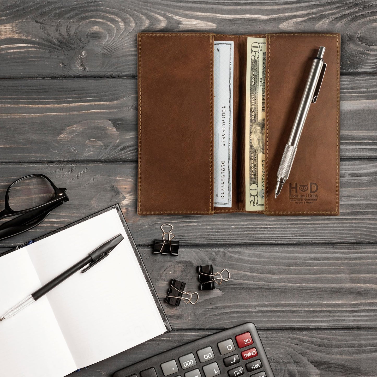 Hide & Drink, Checkbook Cover, Minimalist Organizer for Personal or Business Finances, Bill Holder, Full Grain Leather, Handmade, Single Malt Mahogany