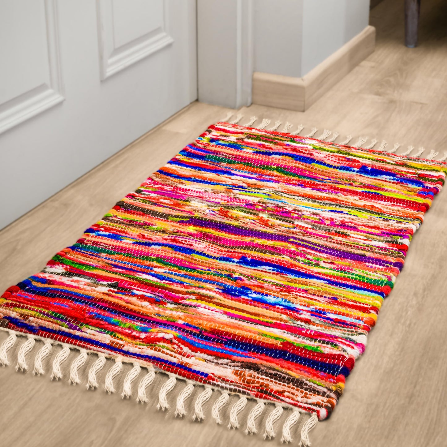 RAJRANG Boho Chindi Rag Rug 20x32 Inches - Handwoven Recycled Braided Rug Multicolor with Tassel for Doormat Bedroom Entryway Living Room