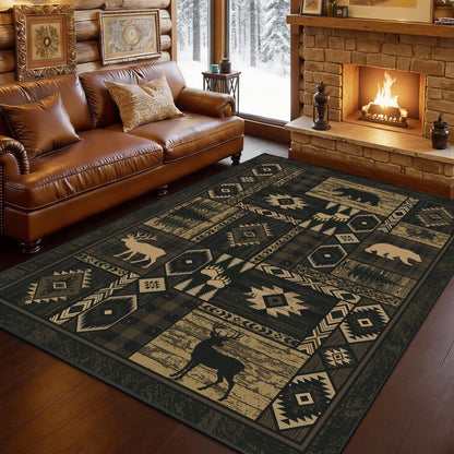 Rustic Cabin Living Room Rug 5x7, Washable Upgrade Non-Slip Animal Bear Deer Wildlife Print Pattern Area Rugs Low Pile Ultra-Thin Lodge Hunting Carpet for Bedroom, Dining Room, Office, Walnut Brown