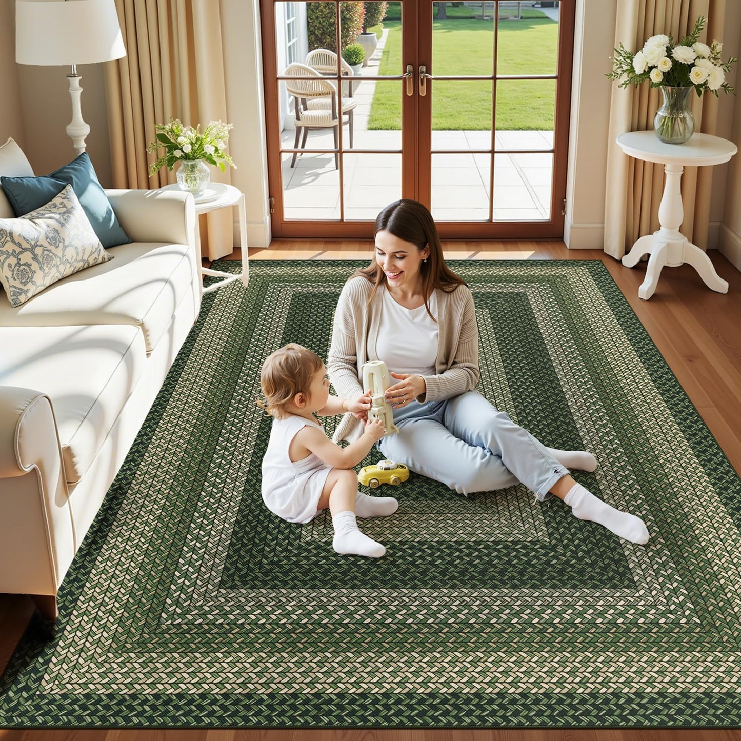 Ileading Faux Braided Area Rug 5'x8' Washable Farmhouse, No-Shed Non-Slip Woven Carpet, Pet Friendly Stain Resistant Jute Style Rug for Living Room Dining Bedroom Office