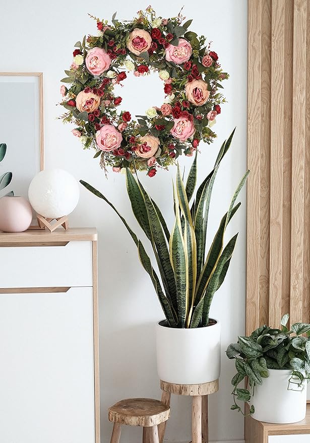 Spring & Summer Wreath, 24in Round, Red Silk & Grapevine, Door Mount, Seasonal Decorative