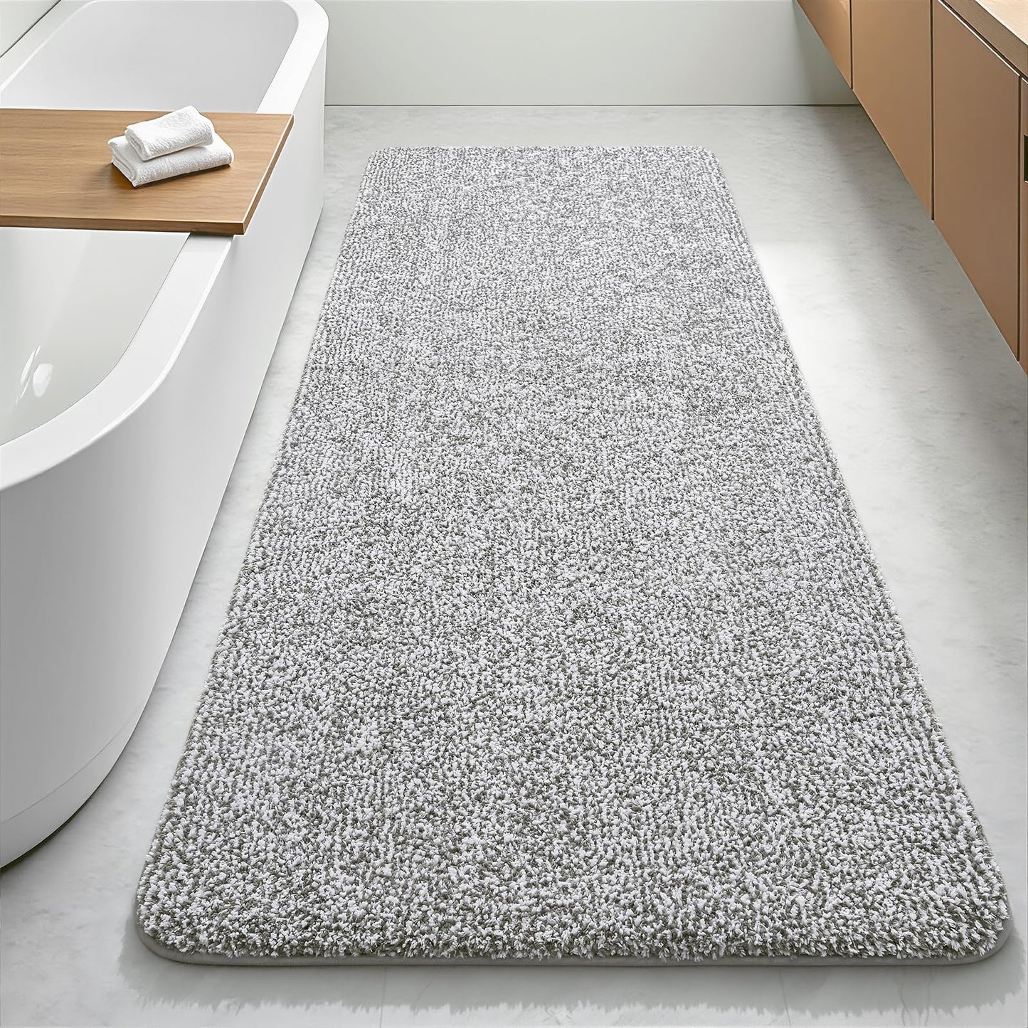Bathroom Runner Rug 24x60 Inch, Soft Absorbent Long Bathroom Rug for Shower Floor, Non Slip Washable Bath Rugs, Plush Thick Microfiber Large Bath Mat for Tub Double Sink Vanity, Light Grey and White