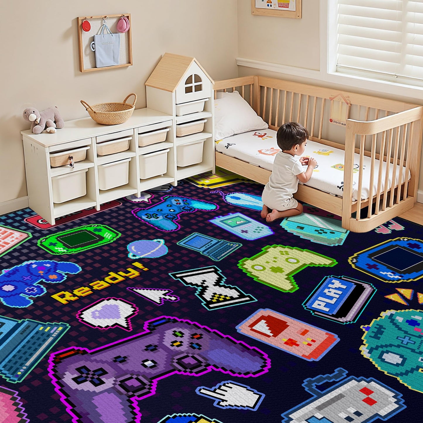 Didswuit Playing Game Rug for Bedroom, 59"x39" Pixel Game Controller Mat Gamepad Carpet for Playroom, Gaming Play Rugs Art Décor for Gamer Washable