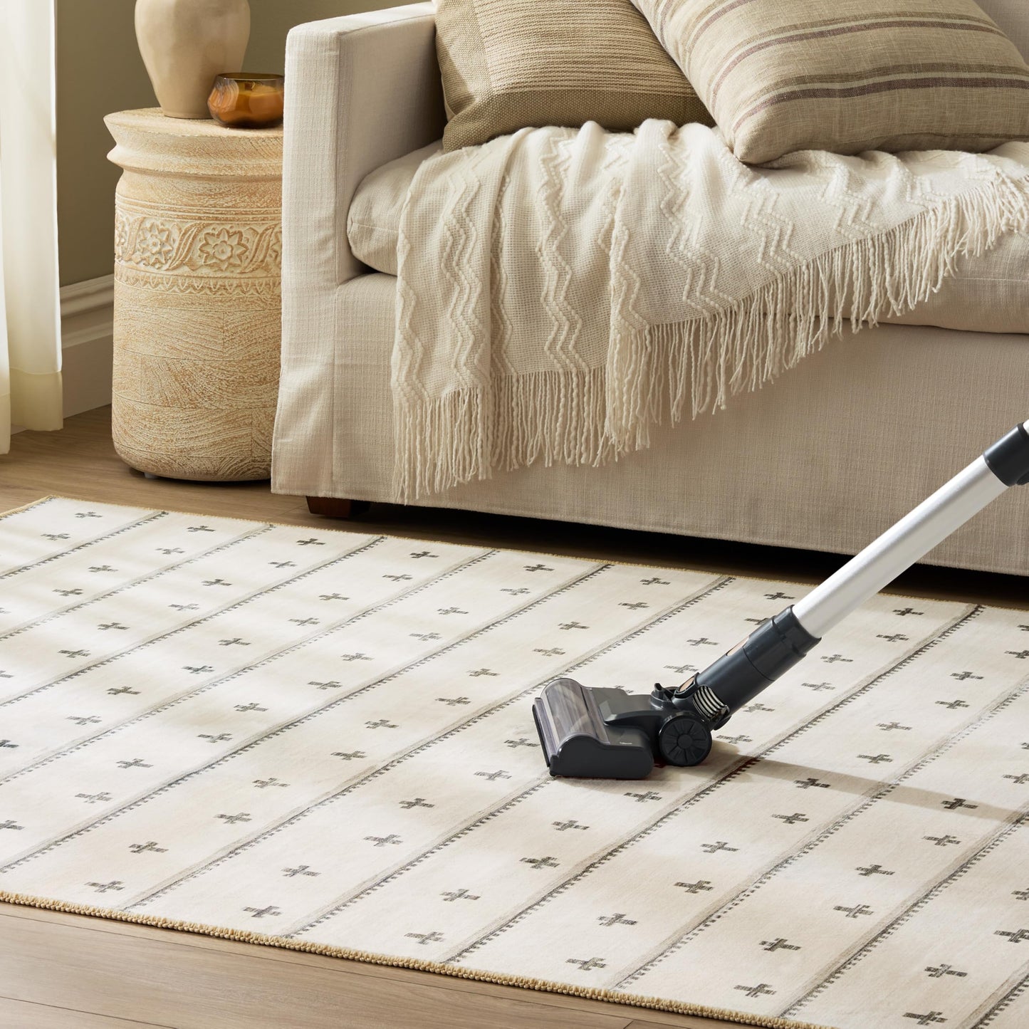 EVERWASH Haven Scandinavian Stripe Machine Washable Area Rug with Airflo Technology for Easy Clean, Ultra-Soft Non-Slip Rug with Built-in Pad, Pet, Family & Allergy Friendly Rug, Beige/Brown, 2'6"x7'