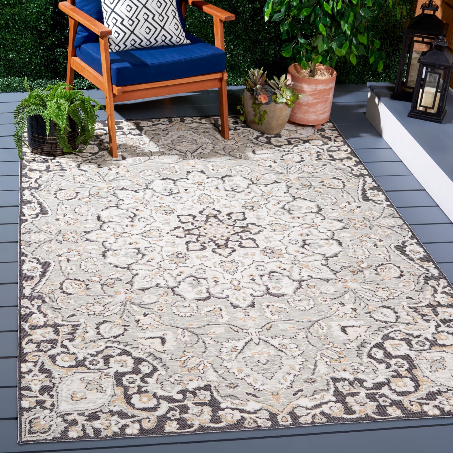 SAFAVIEH Washable Rug Outdoor Sunrise Collection - 5'3" x 7'7", Grey & Beige Black, Non-Shedding & Easy to Clean, Ideal for Patio, Backyard, Mudroom (SUN696F)