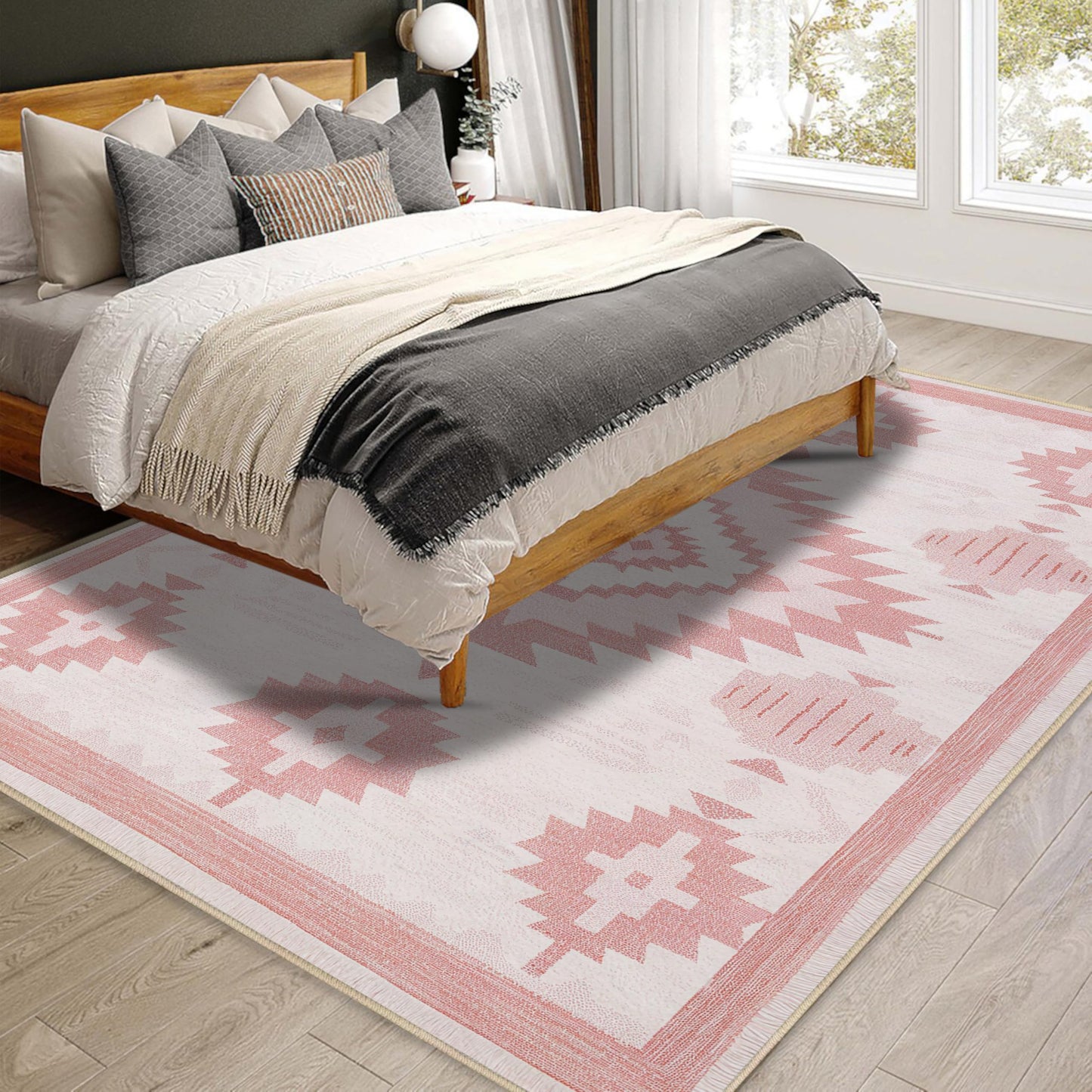 Area Rug 6x9 Living Room Western Rug Aztec Southwestern Rugs Machine Washable Tribal Navajo Southwest Rug Non Slip Printed Low-Pile Indoor Floor Carpet for Dining Room Bedroom Office, Pink