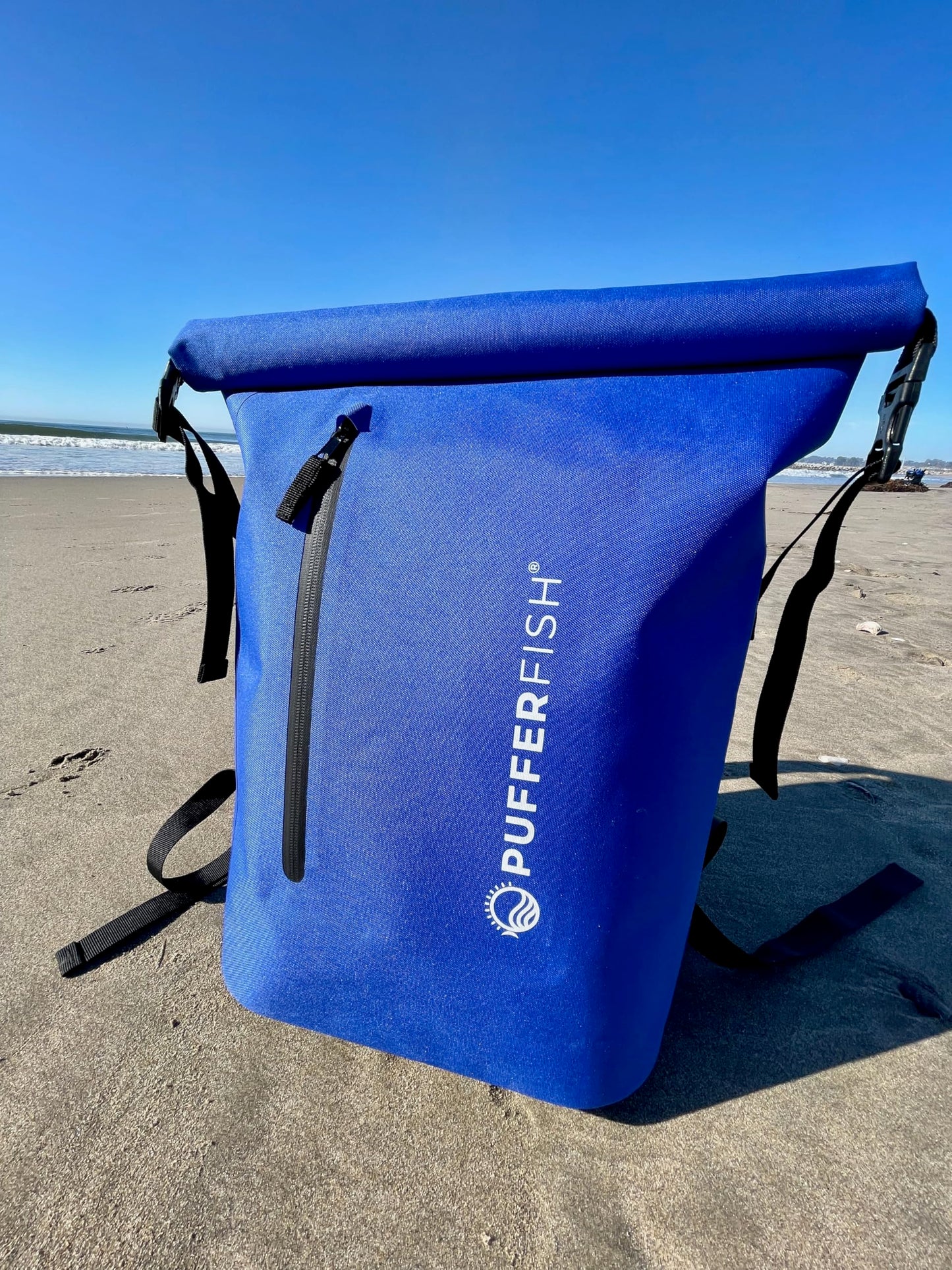 PUFFERFISH 35L Waterproof Roll-Top Beach Backpack - Sandproof Dry Bag Daypack for Beach, Pool, Boat & Travel - Padded Back & Straps, Multiple Pockets, Recycled Plastic, Blue