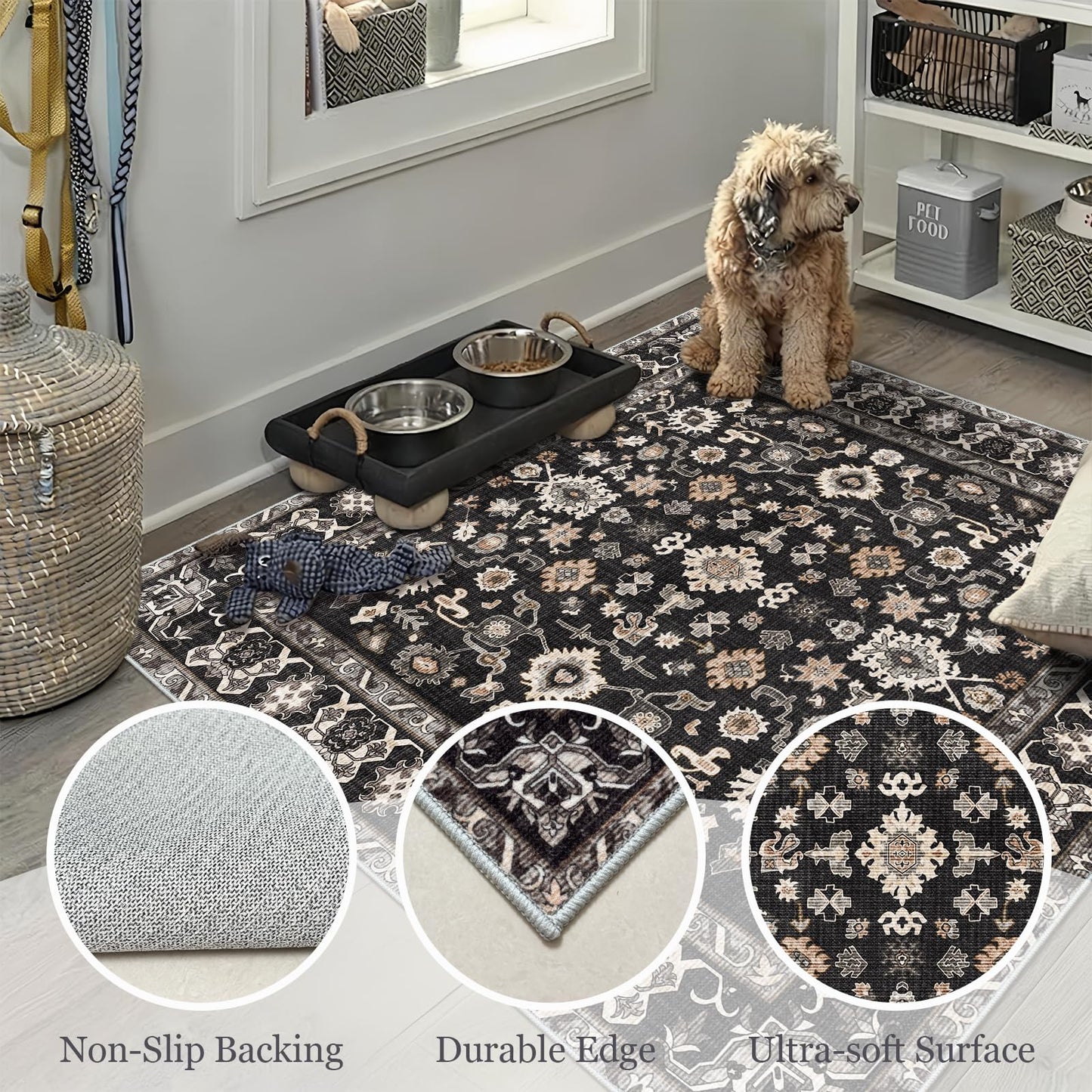 Washable 3x3 Square Rug for Entry Bathroom Kitchen Bedroom Carpet - Non Slip Low Pile Soft Throw Door mat - Protect Hardwood and Laminate Flooring Floral Farmhouse Decor 3x3 Black