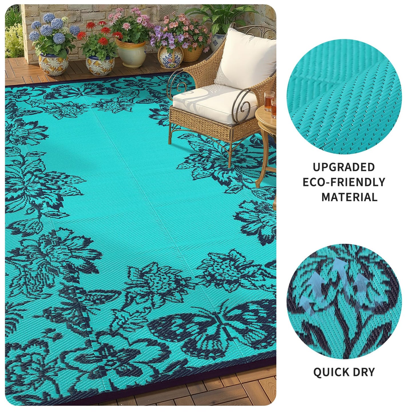 Garvee 5’x8’ Waterproof Patio Outdoor Rug, Outdoor Plastic Straw Rug for Camping, RV Mat Outside, Indoor Outdoor Carpet for Porch, Deck, Backyard, Balcony, Picnic, Dark Blue & Teal