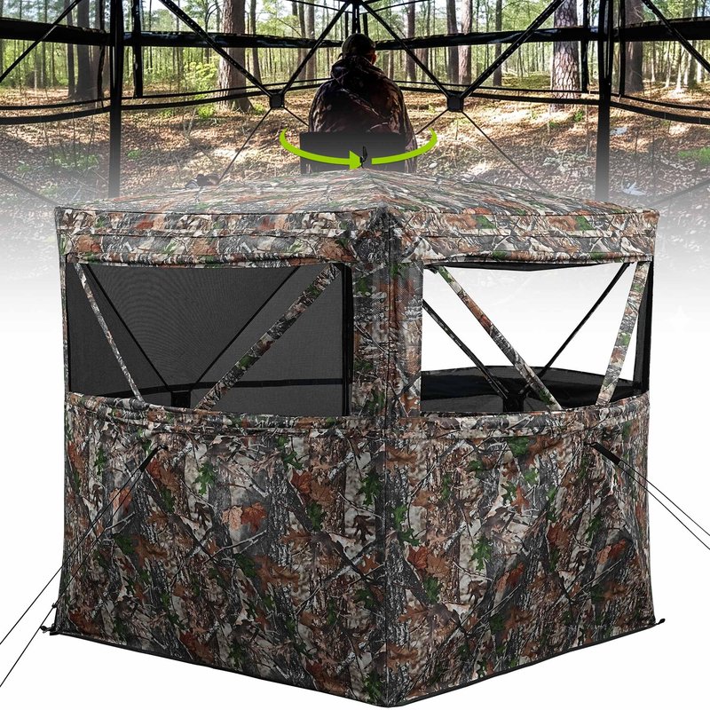 Hunting Blind 360 See Through Ground Blind for Turkey & Deer Hunting, 2-3 Person Pop Up Camouflage Tent