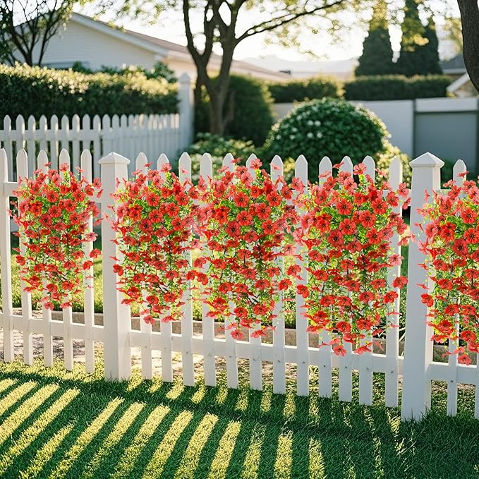 Artificial Fake Hanging Flowers Plants for Outdoor Spring Decorations, 2PCS Faux Daisy Silk Flower Outside No Fade UV Resistant Realistic Home Decor for Porch Patio Window Box (ChujuDH-Red
