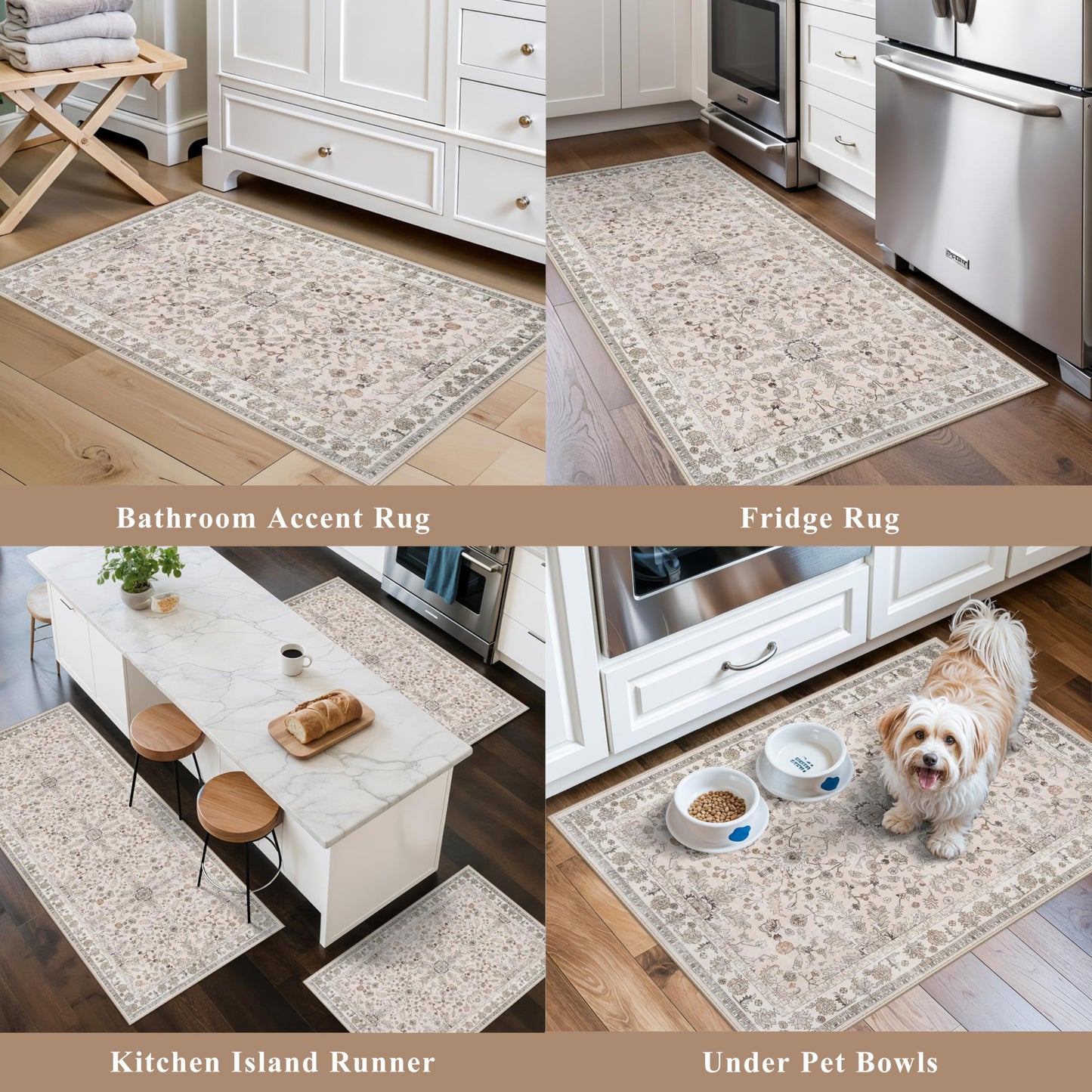 3-Piece Kitchen Rug Set of 3 with Runner – Non-Slip Washable Boho Kitchen Mats for Sink, Floor, Entryway & Hallway & Bathroom – Soft Small Throw Area Rugs, Home Decor (Beige,2x3+2x4+2x5)