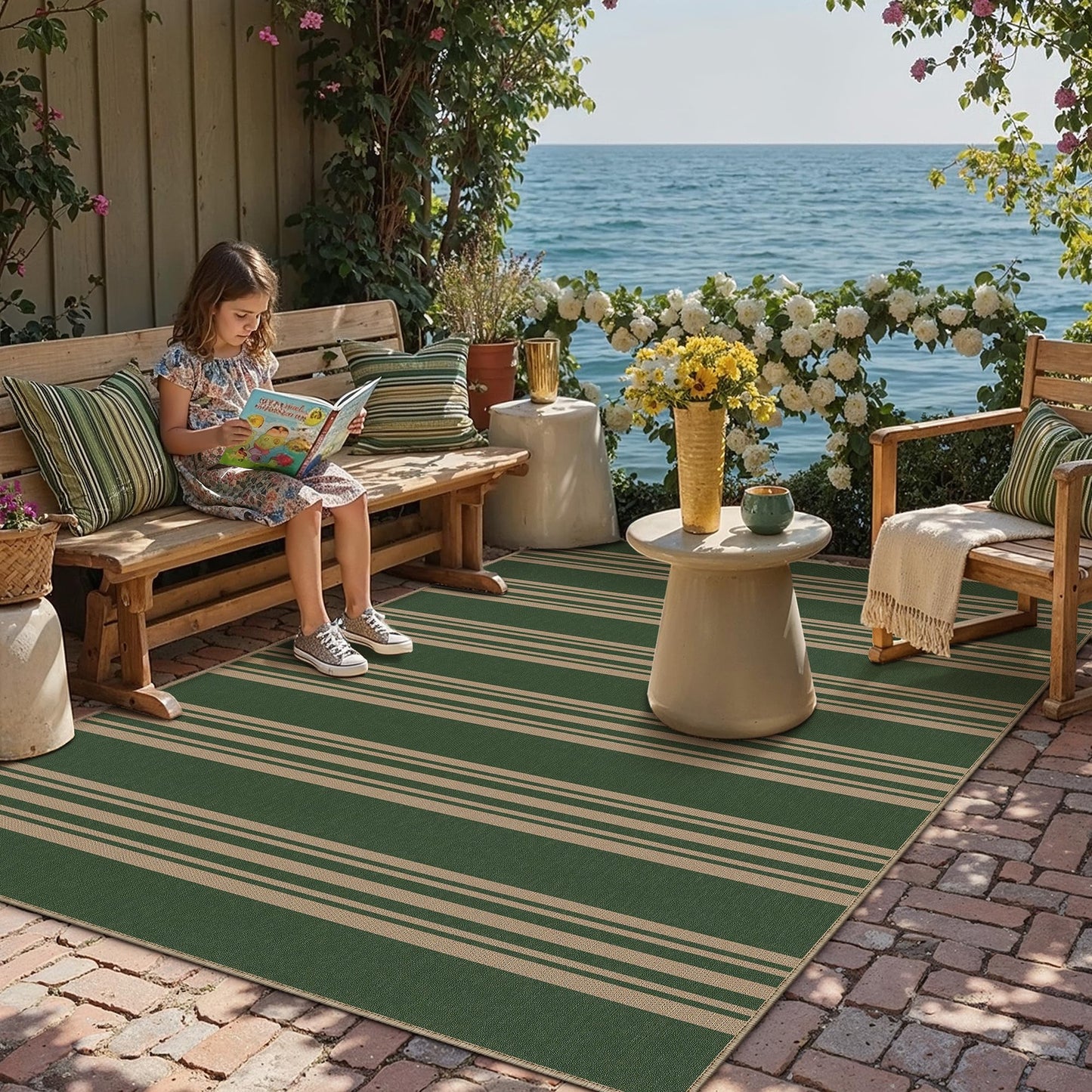 PureCozy Striped Easy Jute Rug 4x6 Green Entryway Carpet Washable Non Slip Office Door Mat Farmhouse Neutral Non Shedding Small Indoor Outdoor Rug for Bathroom Kitchen Bedroom Living Room