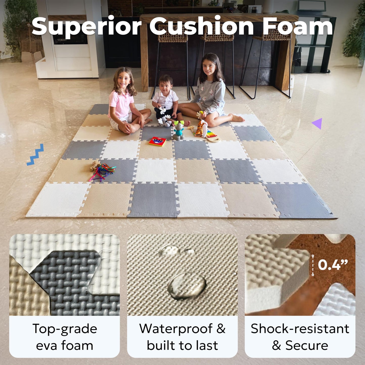 MioTetto Baby Play Mat, Soft Foam Floor Tiles for Kids. Adjustable Interlocking Foam Tiles, Fits with 74x74 Playpen Baby mat for Crawling & Development, Safe & Non-Toxic Playmat for Babies 6-12 Months