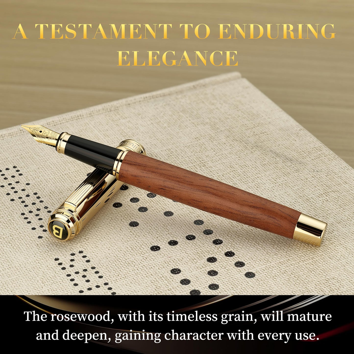 BEILUNER 316 Fountain Pen,Stunning Luxury Rosewood,24K Gilded Nib(Medium),Gorgeous 24K Gold Finish, Ink Converter,Best Gift for Men&Women-Fancy,Executive,Nice Pens for Writing, RD-M