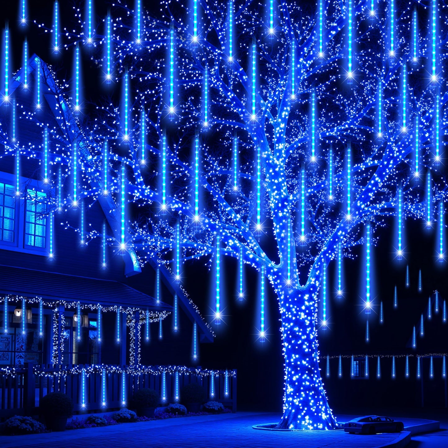 JOYIN Christmas Lights Outdoor,8 Tubes Meteor Shower Lights Blue,192 LEDs, Snowfall Icicle Cascading Rain Light for Christmas Tree Decorations, Wedding Party Holiday Decor