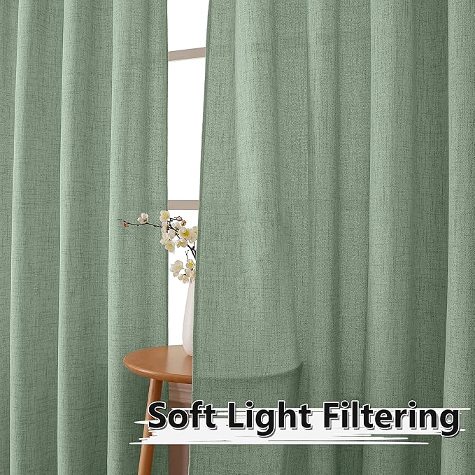 Tollpiz Linen Curtains Bedroom Rod Pocket Semi Sheer Curtain Burlap Light Filtering Thick Linen Drapes for Living Room, 54 x 84 inches Long, Sage Green, Set of 2 Panels