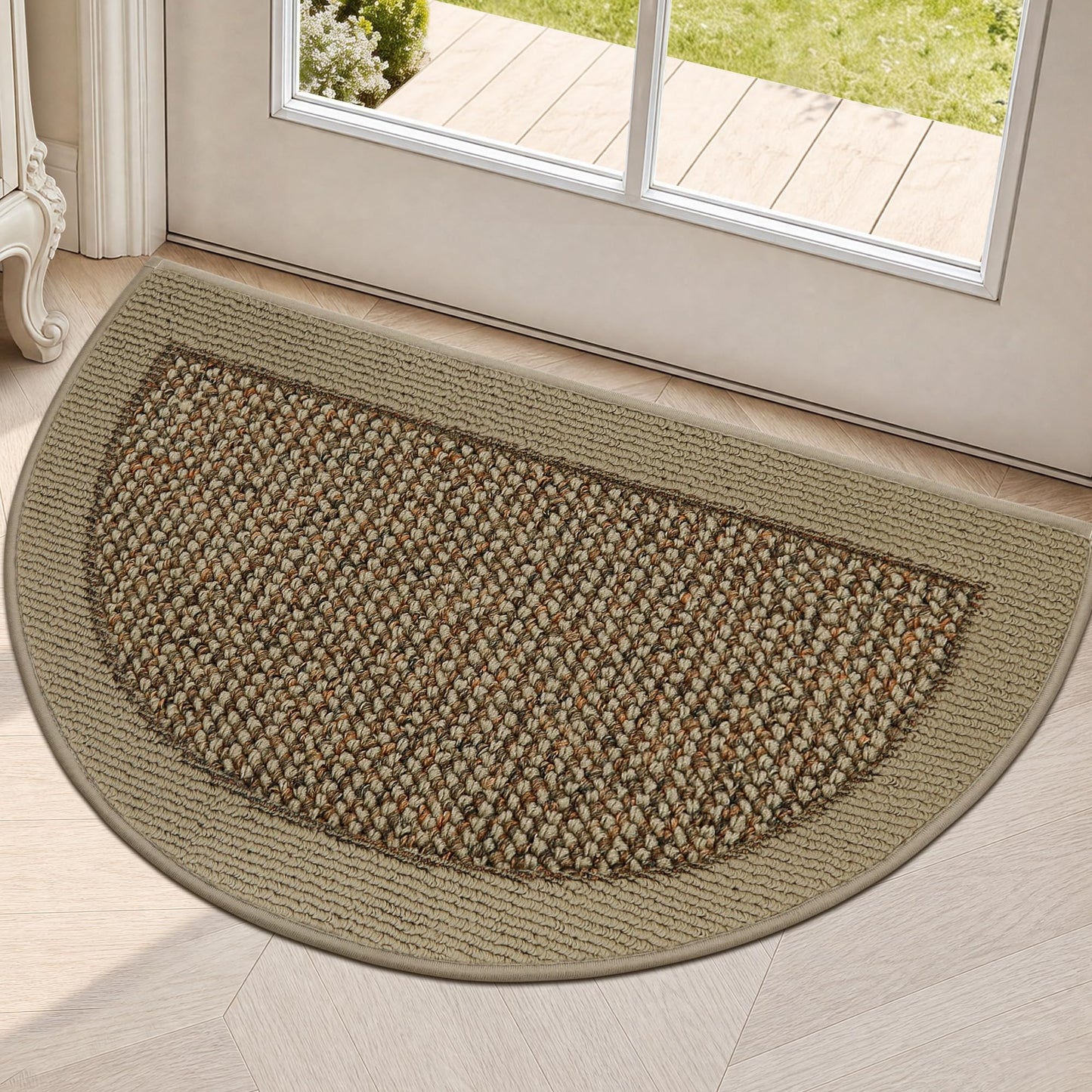 FLOORHUG Half Circle Door Mat Indoor Entrance Welcome, Non-Slip Washable Doormat, Trap Dirt and Moisture, Low Profile Mats for Indoor Entry, 17"x30", Beige