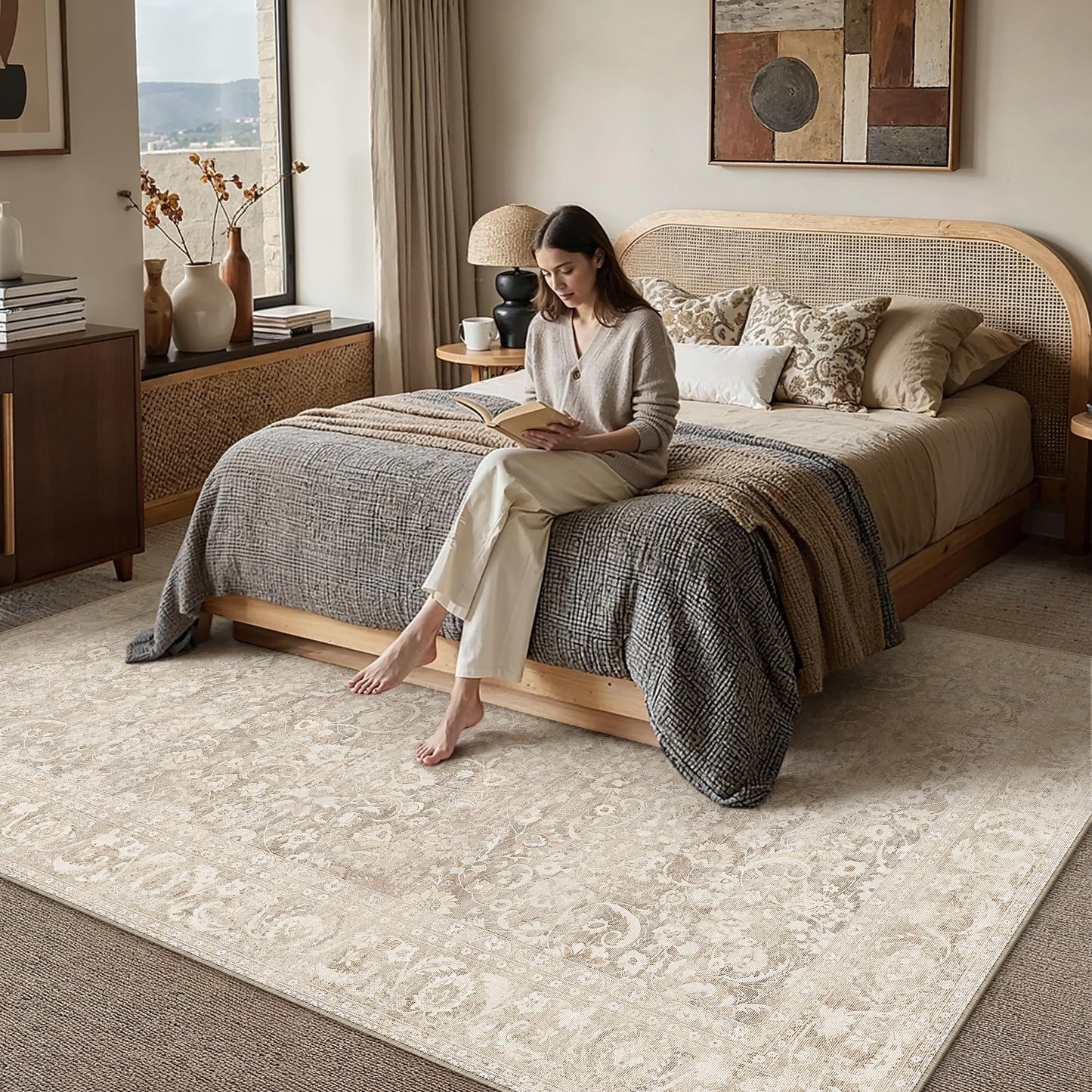 Berthmeer 8x10 Area Rug for Living Room, Ultra Soft Washable Rugs for Bedroom, Non-Slip Indoor Large Carpet, Low-Pile Floral Accent Rug for Dining Room, Office & Home Decor Beige