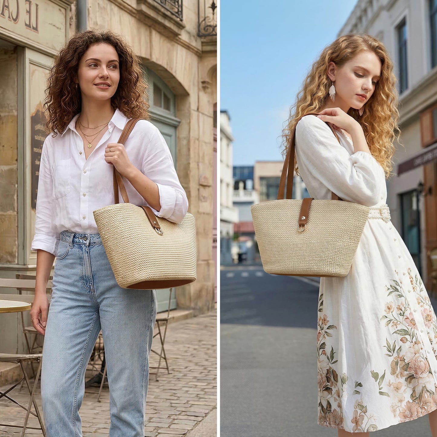 CHUNLI Straw Tote Bag for Women, Woven Raffia Straw Purse, Boho Beach Bag with PU Handle, Summer Vacation Resort Shoulder Bag